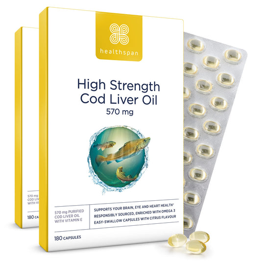 healthspan Healthspan Cod Liver Oil 570mg | Support Your Brain, Heart, Eyes & Bones | 150mg Omega 3 Fatty acids per Capsule (360 Capsules)
