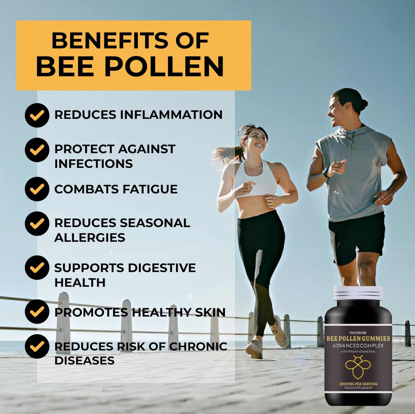 Fraction One Bee Pollen Gummies - 120 Gummies - 4 months Supply - 2000mg Bee Propolis with 100% NRV Vitamin D & Zinc per serving - Immune Boosting - Digestive Aid - Anti-inflammatory - Antiviral & Antibacterial
