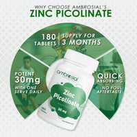AMBROSIAL Ambrosial Zinc Picolinate 30mg | High Strength Zinc Mineral Supplement for Immune Support Bones, Hair, Skin & Nails (Pack of 1-180 Tablets)