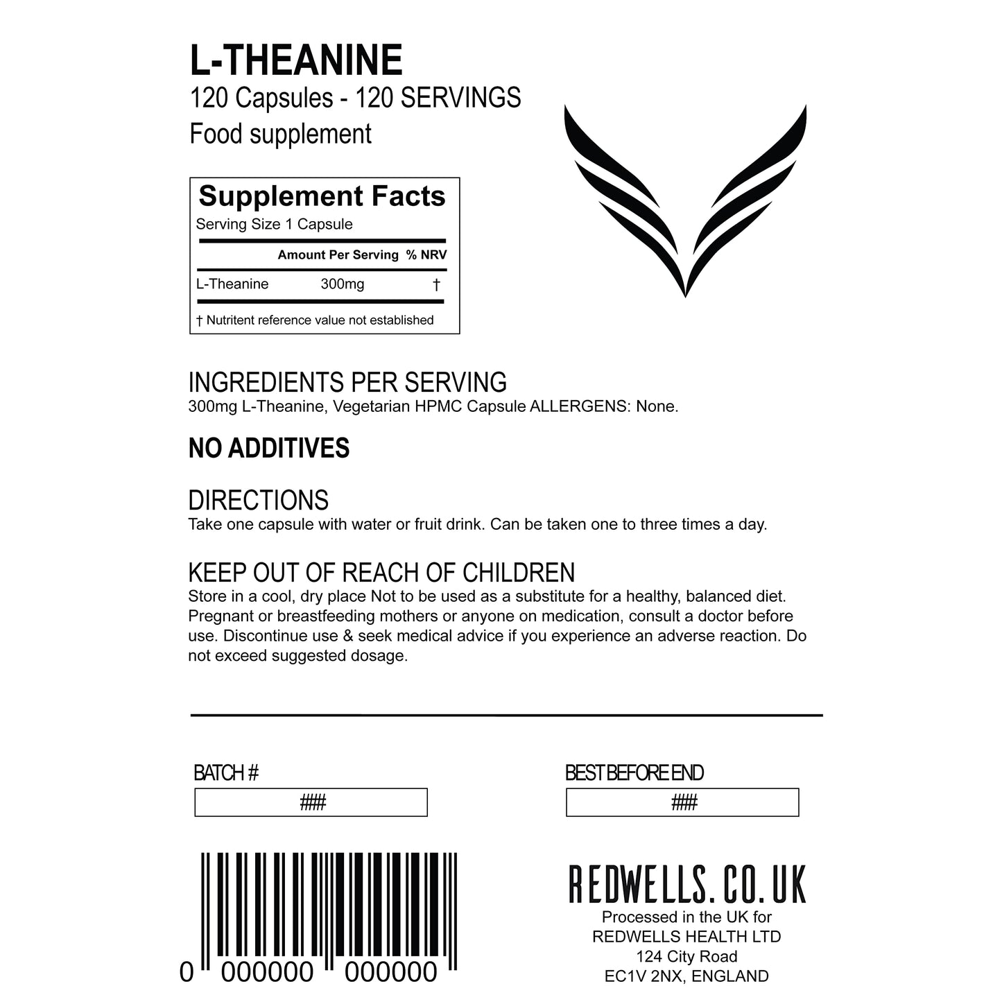 L-Theanine Capsules REDWELLS Anxiety Stress No Additives Strong 300mg - 120 Pack