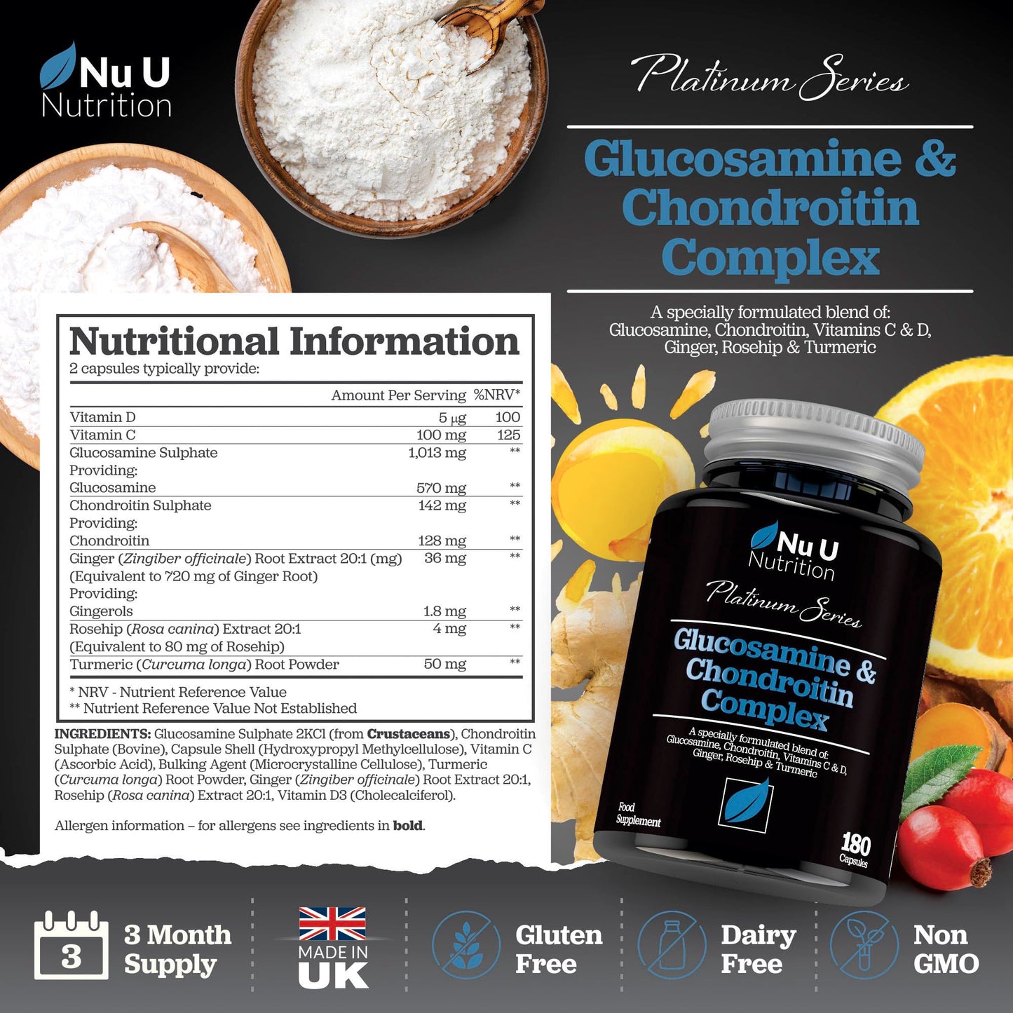 Glucosamine and Chondroitin High Strength Complex - 180 Capsules - with Turmeric, Ginger, Rosehip, Vitamin C & D - Joint Care Supplements for Women & Men - Made in The UK - Nu U Nutrition