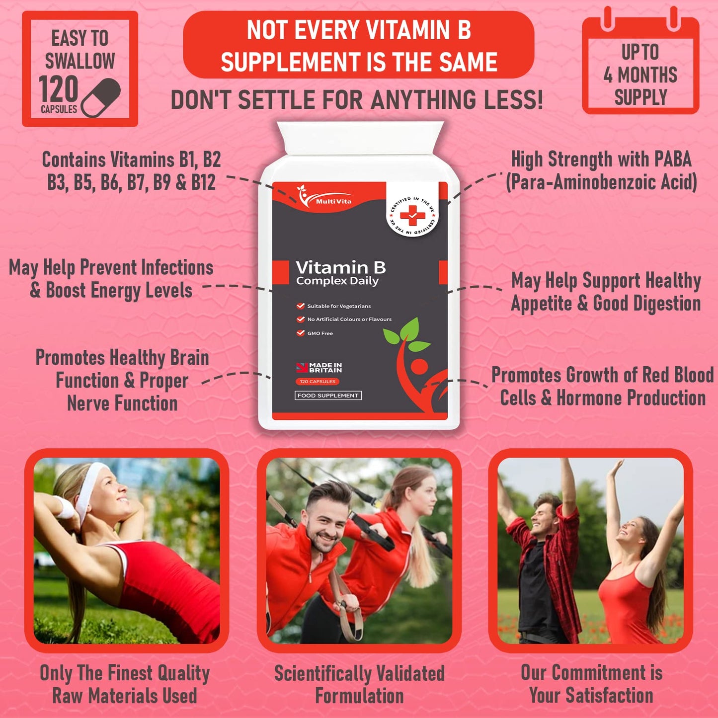 Vitamin B Complex High Strength with PABA & Vitamin B1, B2, B3, B5, B6, B12, Biotin, Folic Acid - 120 Capsules - UK Made
