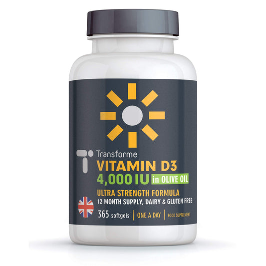 Transforme Vitamin D3 4000 IU in Olive Oil, 365 Capsules 1 Year Supply, Maximum Strength High Absorption Softgels, Easy to Swallow Quadruple Strength VIT D3 Cholecalciferol - Not Tablets