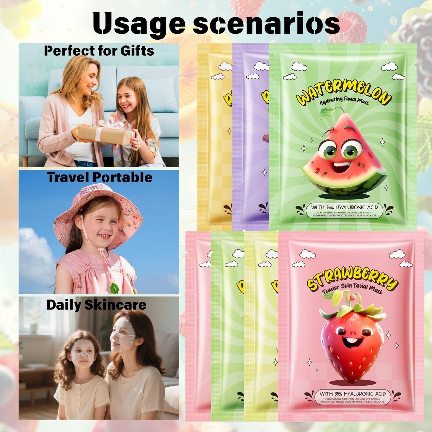 Cureluxe Kids Face Masks for Girls – 7PCS Fruit Hydrating Face Mask Set with Collagen Face Mask & Fruit Extracts – Gifts for Teenage Girls – Skincare for Kids – Teen Skincare – Women's Pamper Set