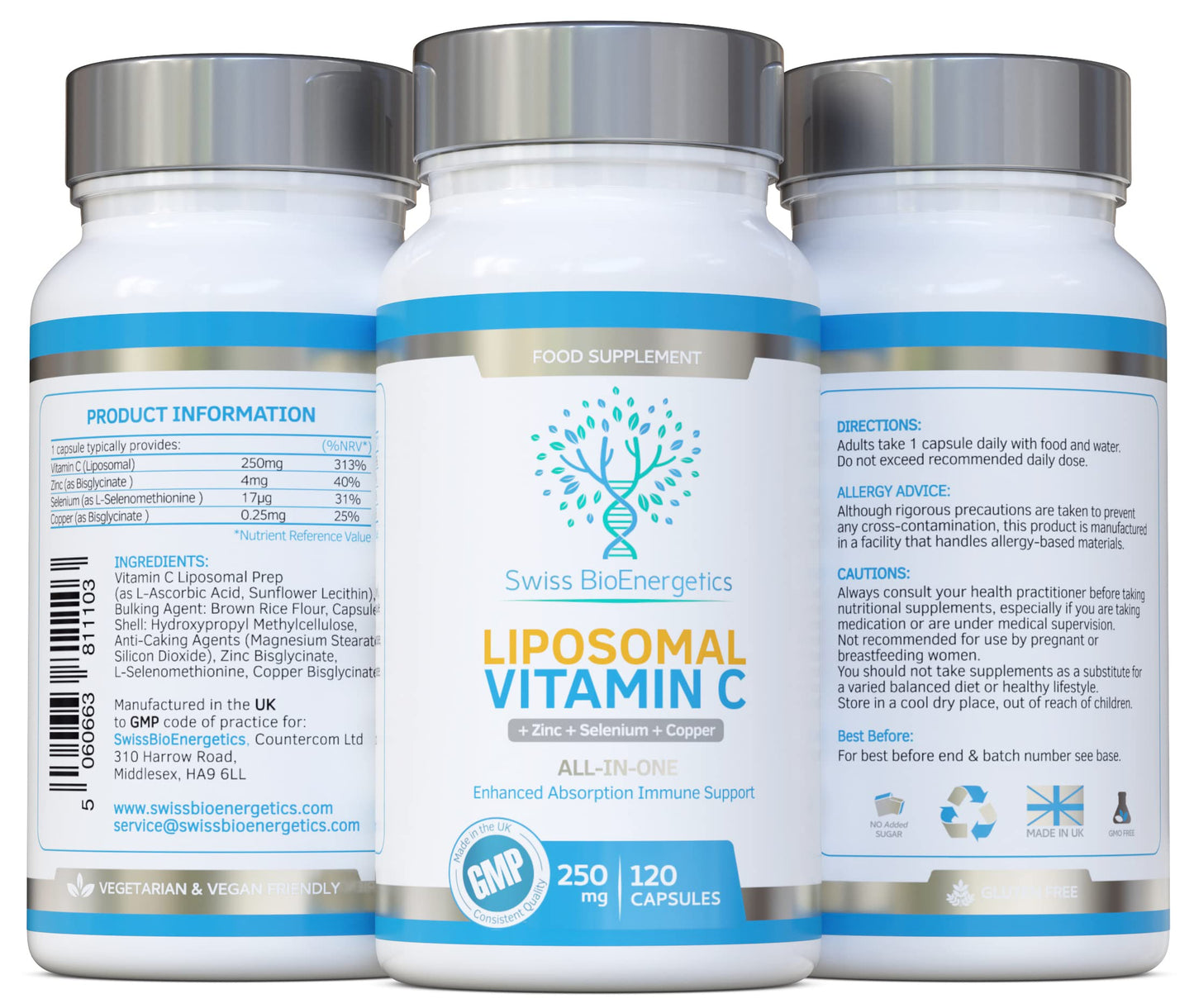swiss bioenergetics Liposomal Vitamin C Complex with Zinc, Selenium and Copper : All-in-ONE Enhanced Absorption Immune Support : 250mg, 120 Vegan Capsules (4 Month Supply) : Non-GMO, Made in UK