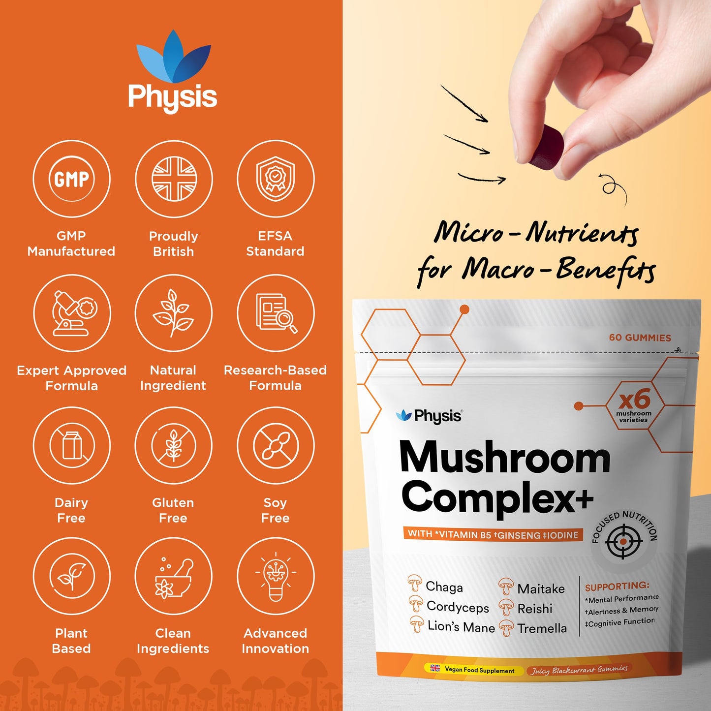 Physis Mushroom Gummies +Vitamin Complex | Attention On Mushroom Blend | Alertness Cognition Memory | Lions Mane Cordyceps Reishi Maitake Tremella Ginseng Iodine Vit B5 | 60 x Vegan Juicy Blackcurrant