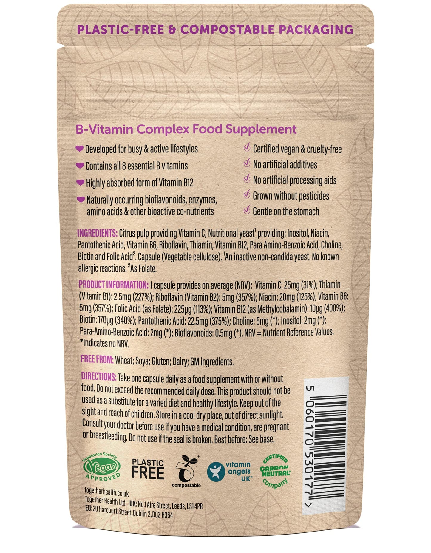 B-Vitamin Complex – Together Health – Whole Food Nutrients - 8 Essential B Vitamins - Vitamin C – Vegan Friendly – Made in The UK – Pack of 3 – 90 Vegecaps