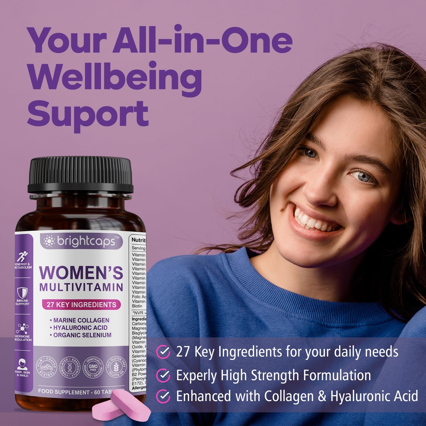Brightcaps Women's Multivitamins and Minerals Enhanced with Collagen & Hyaluronic Acid - 27 Key Essential Ingredients | 60 Tablets | Gluten Free