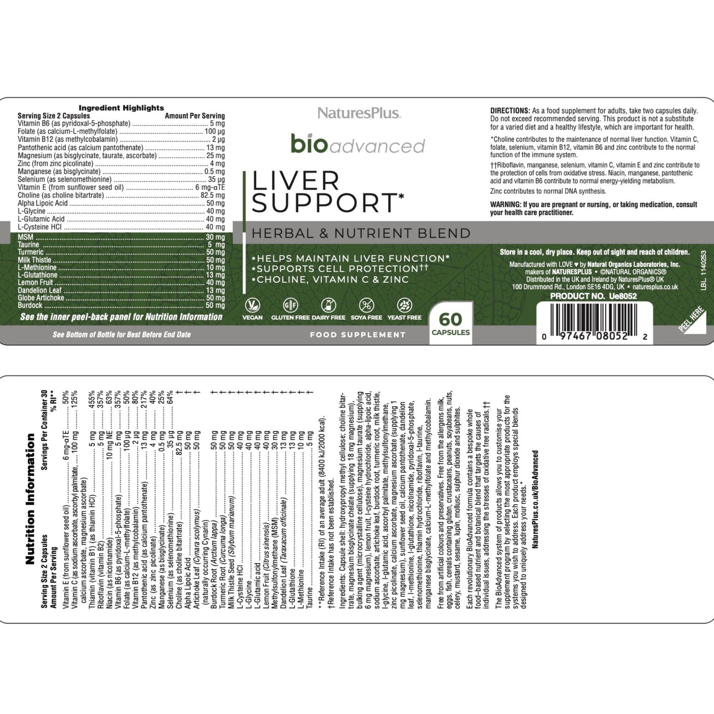 NaturesPlus BioAdvanced Liver Support - Liver Health Supplement with Turmeric, Artichoke, Milk Thistle, Dandelion, Choline and Methyl Bs - Gluten, Dairy and SOYA Free - Vegan - 60 Capsules