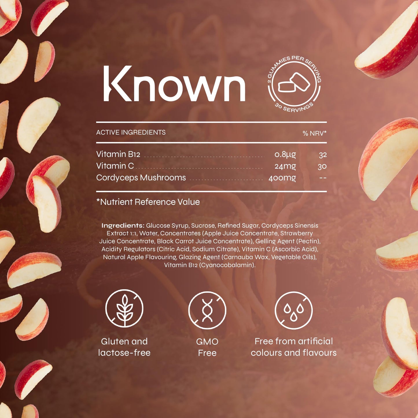 Known Tasty Cordyceps Gummies - 400mg Cordyceps Mushroom - Vitamin B12, C - Energy Support - Natural Apple Flavour - 60 Vegan Gummies, 1 Month Supply