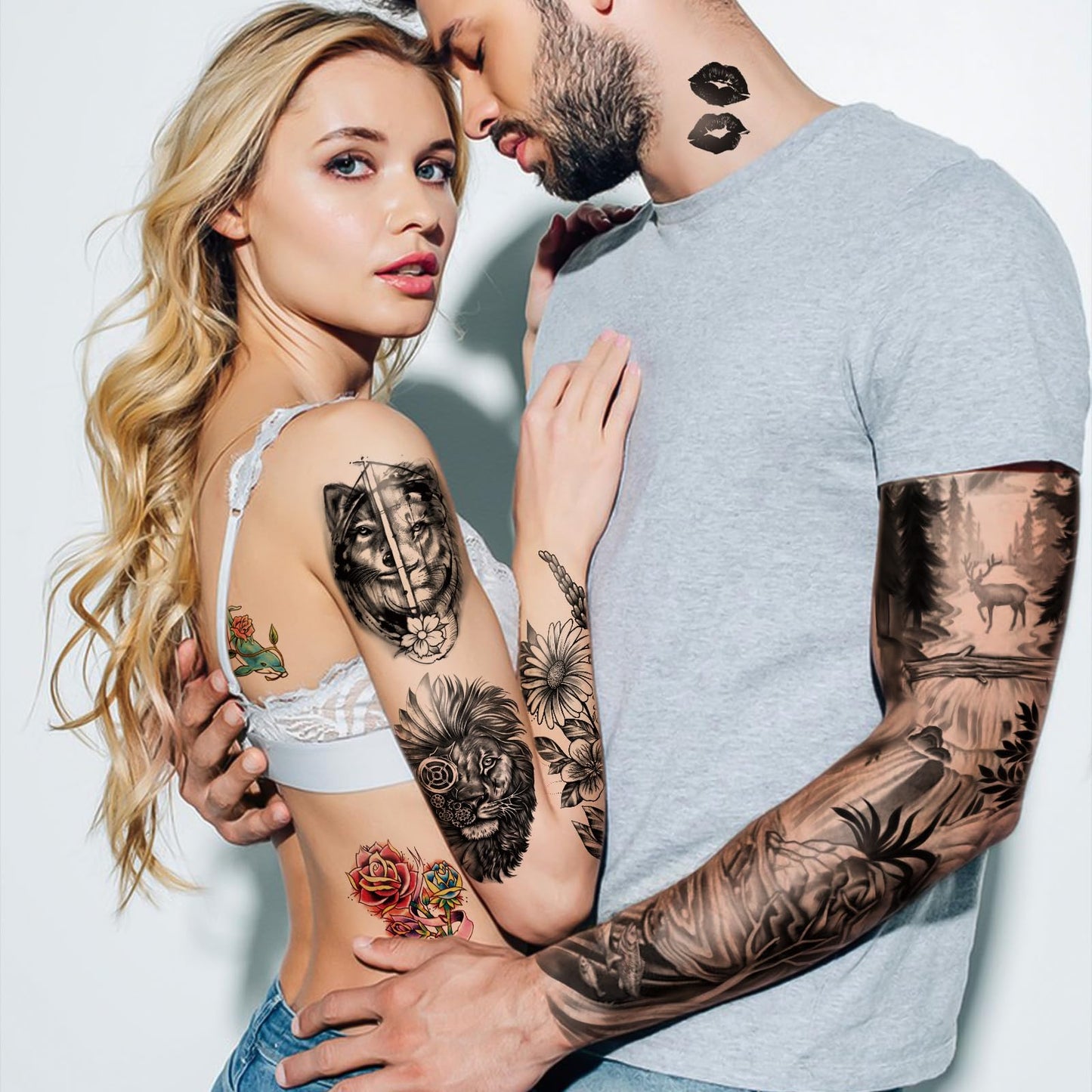 Metuu Full Arm Temporary Tattoo 46 Sheets for Men And Women(L22.8“xW7”), Fake Tattoo Stickers Patterns Deer Eagle Lion Wolf Tiger Totem Realistic Temp Tattoos Suitable For Hand Arm Leg Face