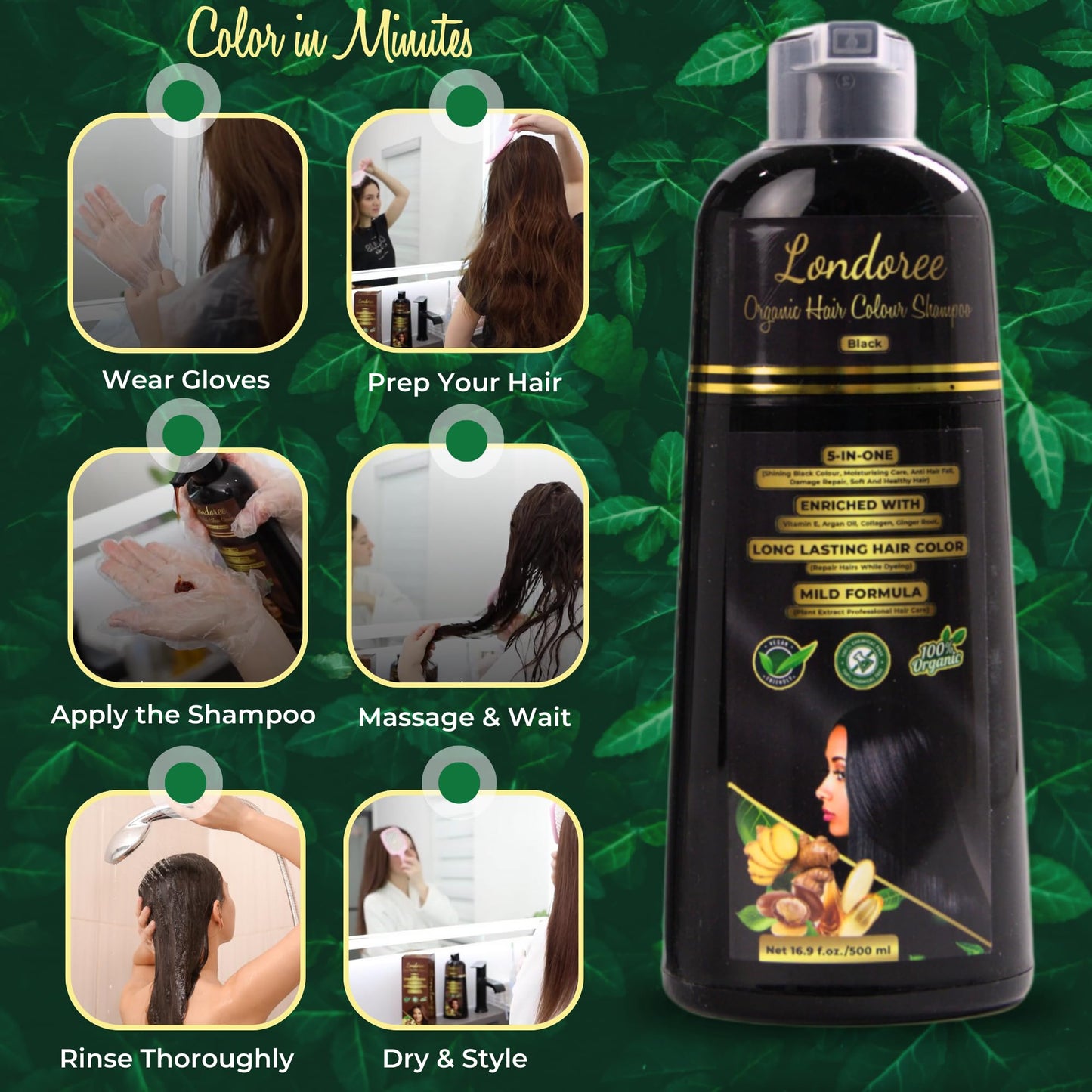 Londoree 5-in-1 Hair Dye Shampoo for Gray Hair - Ammonia-Free with Vitamin E, Argan Oil & Collagen - Moisturizes, Repairs, and Colours in 15 Minutes - 500 ML