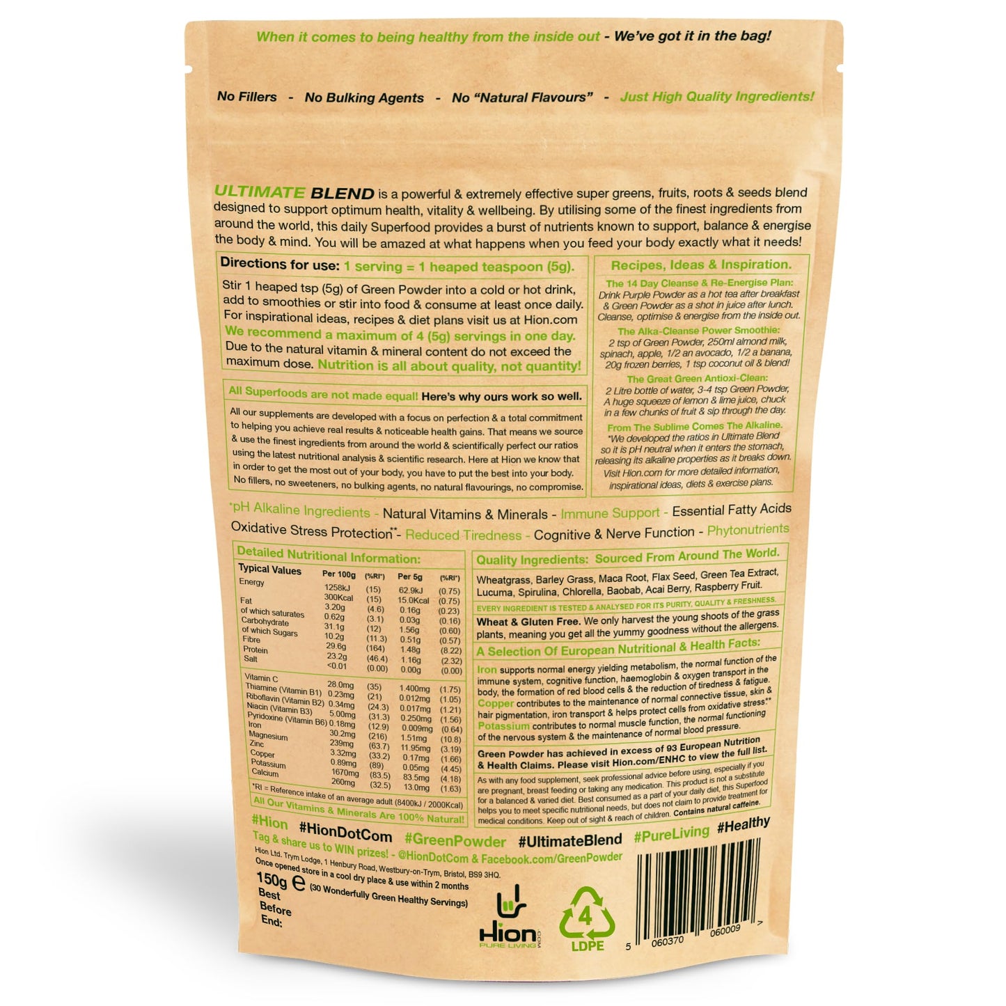 Hion Super Greens Powder | 11 Superfoods incl. Wheatgrass, Spirulina, Chlorella & Green Tea | Energy, Gut & Immune Support | No Fillers | Vegan & Gluten-Free | 60 Servings | Award-Winning & UK Made