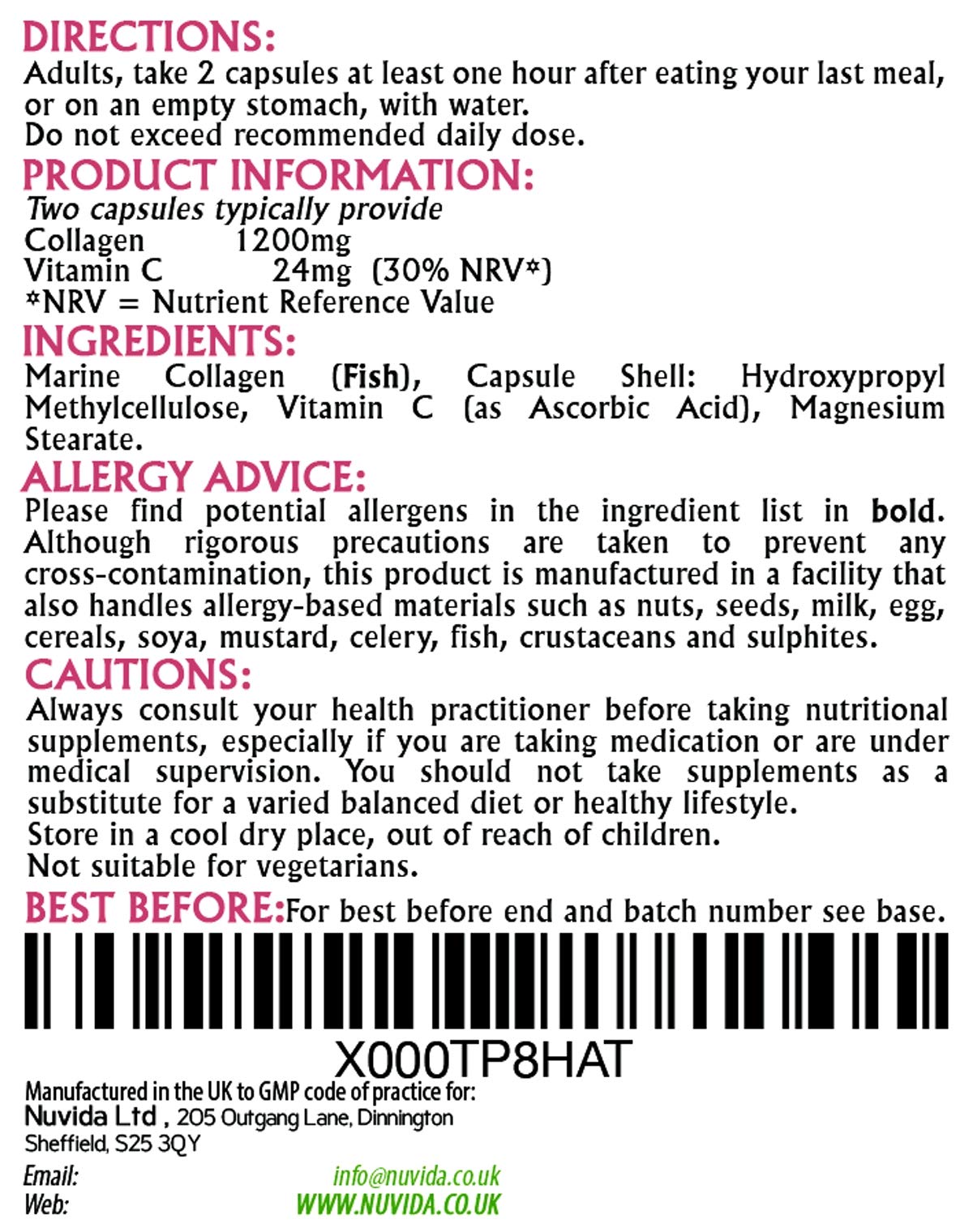 NUVIDA NATURAL HEALTH Marine Collagen Supplement / 60 x 600mg Marine Collagen Capsules/Hydrolysed Type 1 Collagen with Vitamin C
