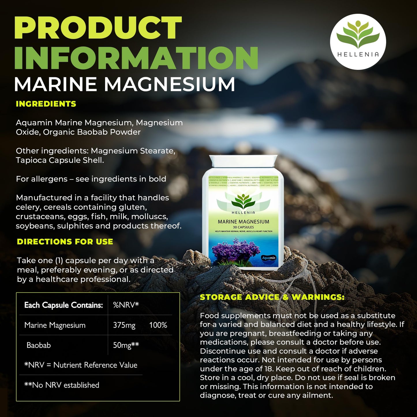 Hellenia Marine Magnesium 100% NRV - 30 Capsules