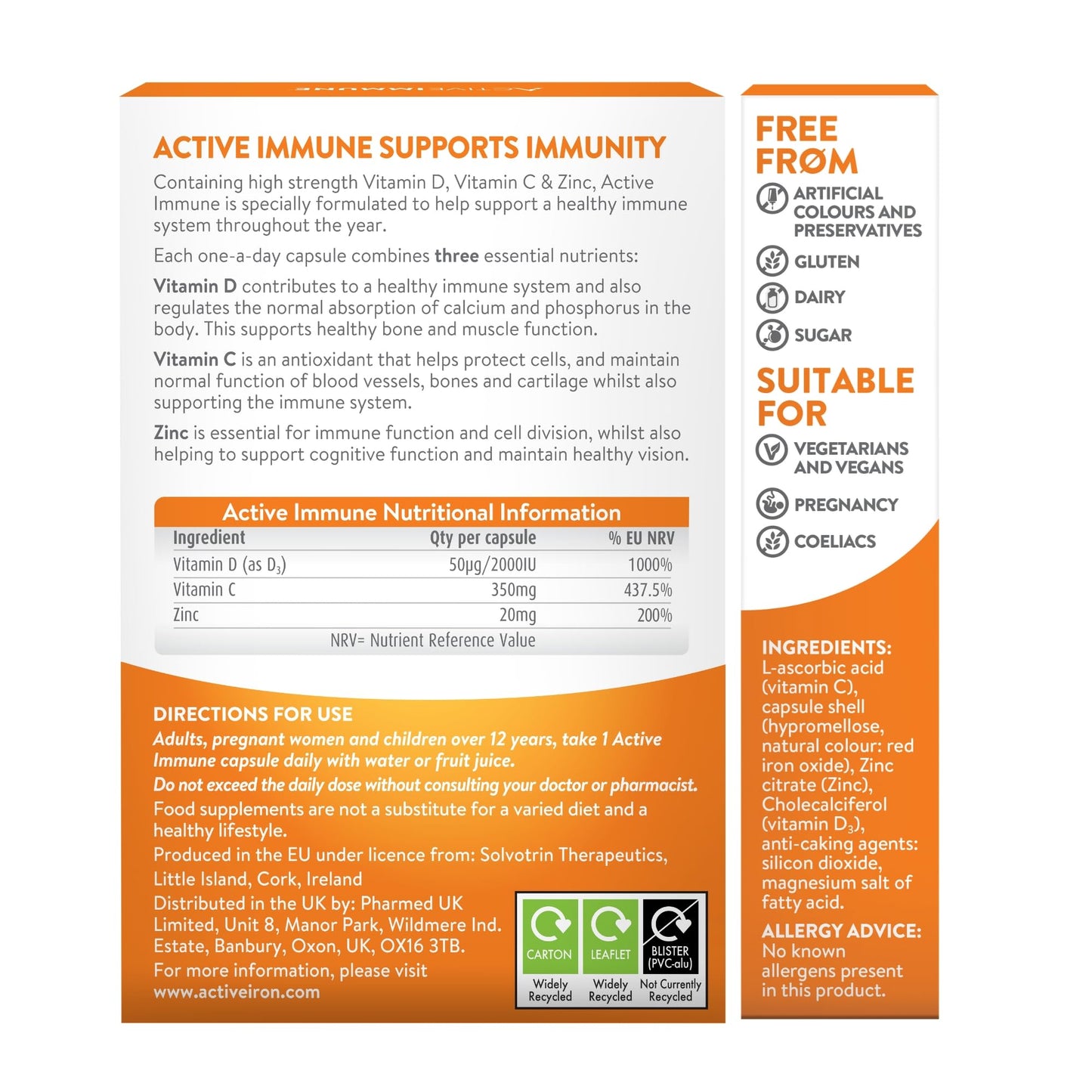 Solvotrin Active Immune | Vitamin D 2000IU | Vegan Formula | Vitamin D3 | Vitamin C & Zinc | 30 Capsules