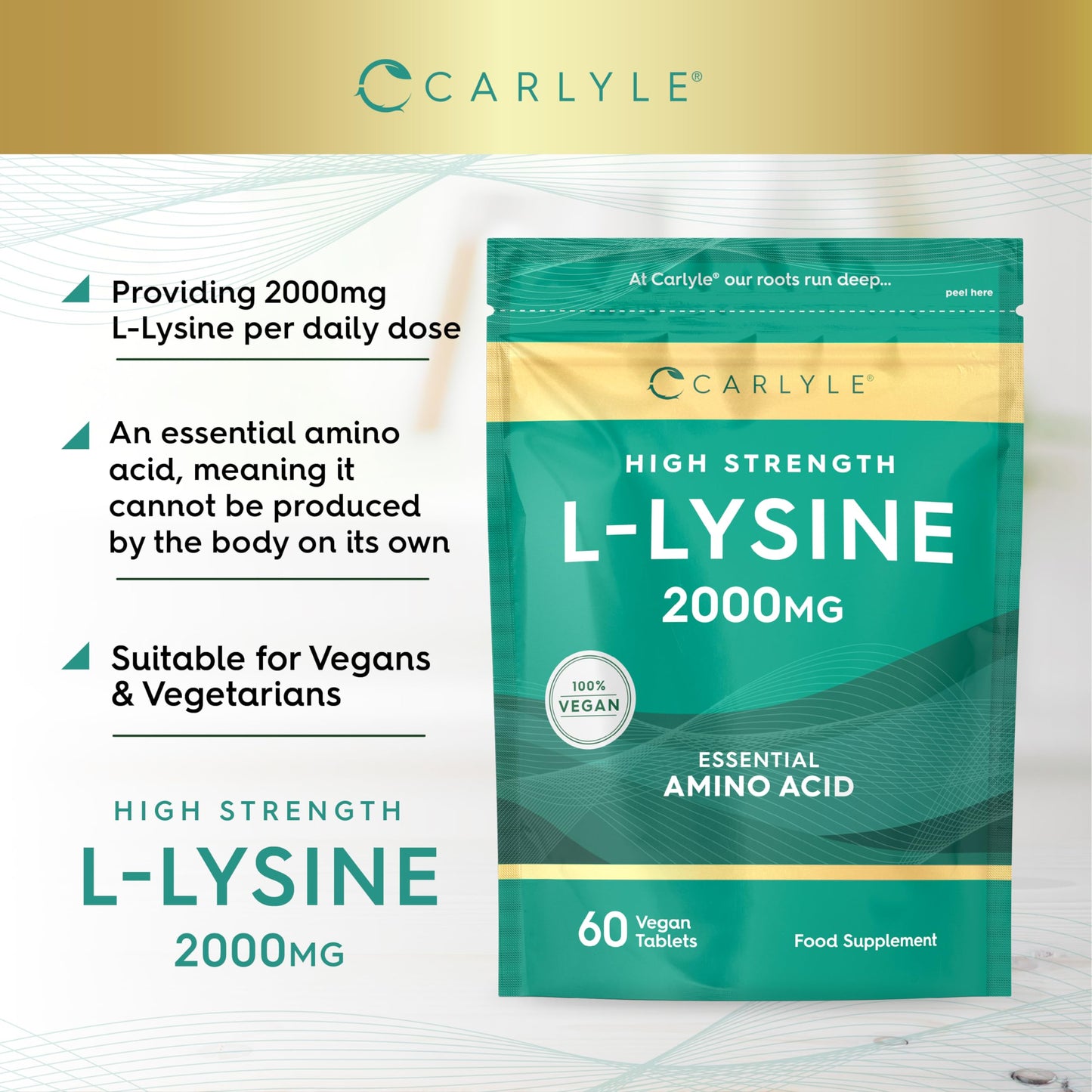 L-Lysine 2000mg Tablets | 60 Count | High Strength Vegan Supplement | Essential Amino Acid | by Carlyle