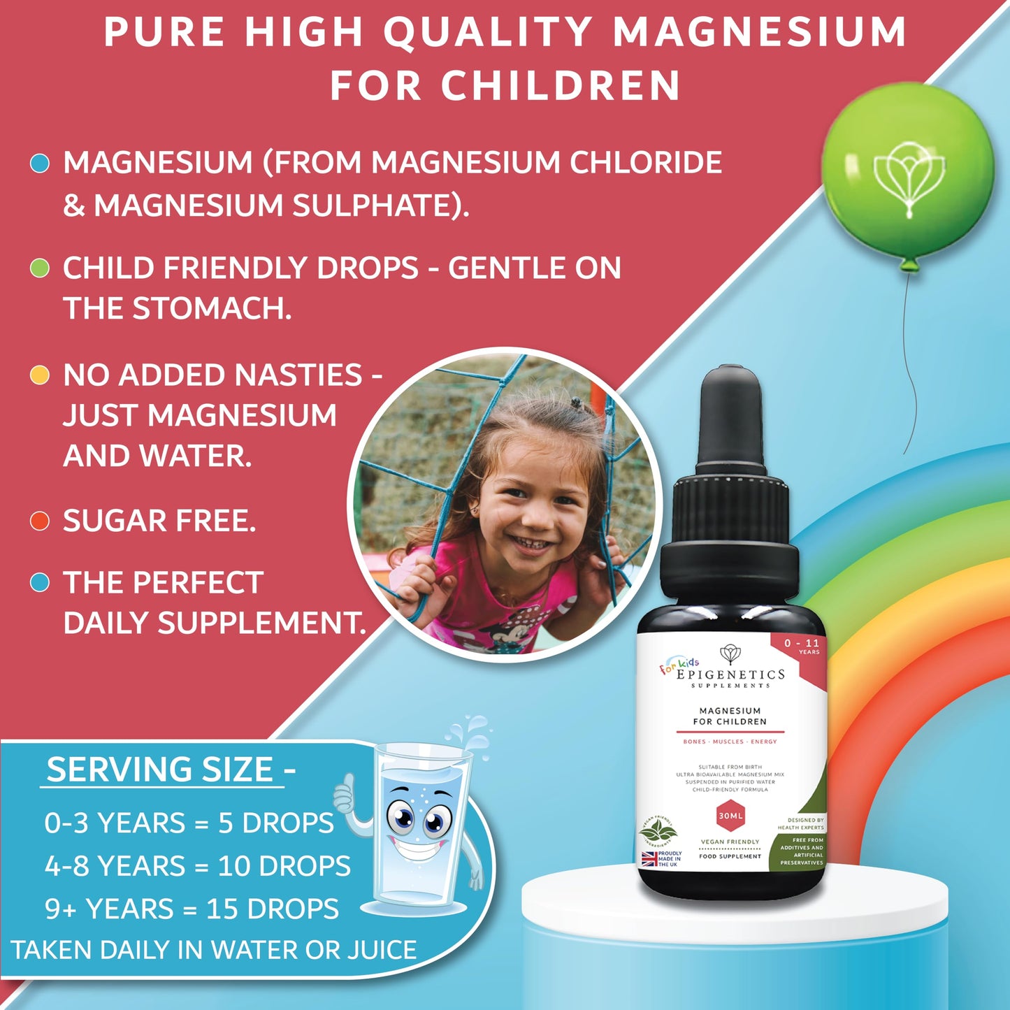 Epigenetics Magnesium for Children 30ml | from Birth Magnesium Mix Supplement 0-11 Years | Newborns Baby Kids Sugar Free UK Made Vegan Mini Liquid | 5 Drops Daily