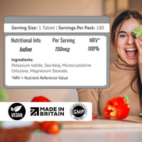 nutripact Iodine Supplement 150mcg Tablets - 180 Vegan Tablets - 6 Month Supply - Source of Iodine from Potassium Iodide - Suitable for Vegans - UK Made
