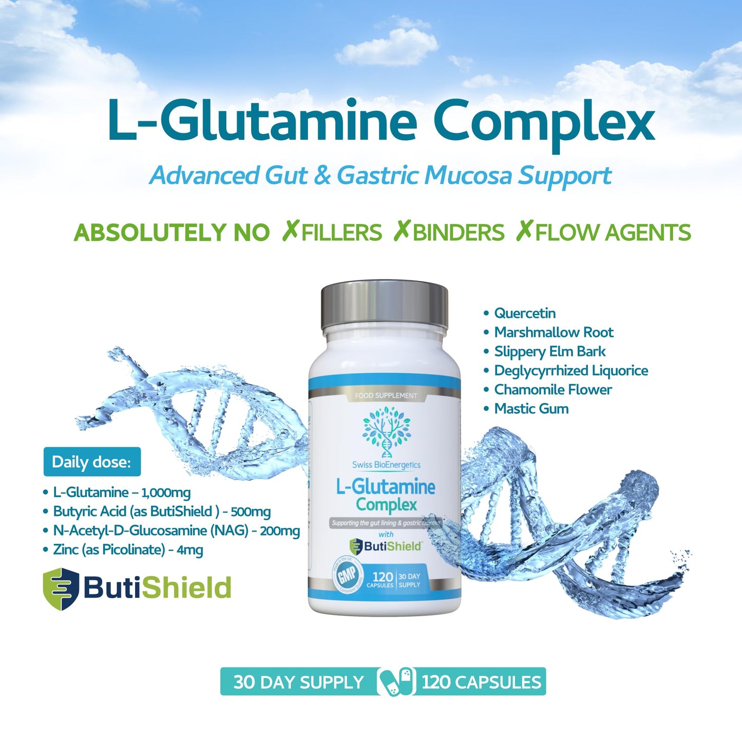 swiss bioenergetics L-Glutamine Complex with Butyric Acid, Glucosamine (N-Acetyl-D), Marshmallow Root, Slippery Elm Bark, Liquorice Root, Chamomile Flower, Mastic Gum, Quercetin & Zinc - UK Made and No Artificial Nasties