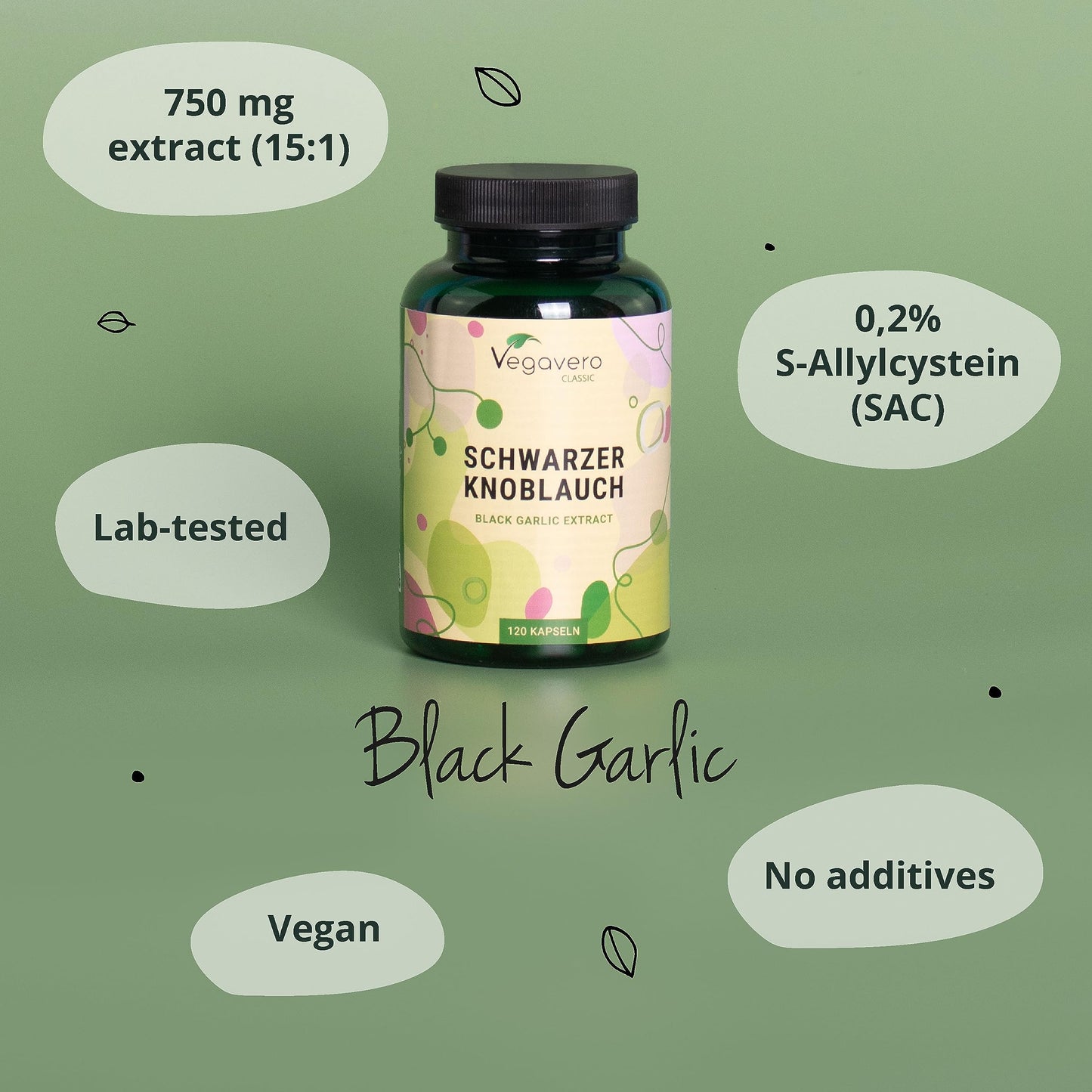 Black Garlic Vegavero® | 11250mg - High Strength 15:1 Extract | Standardised S-allylcysteine (SAC) Content | NO Additives, Lab-Tested | Fermented & Odourless | 120 Capsules | Vegan