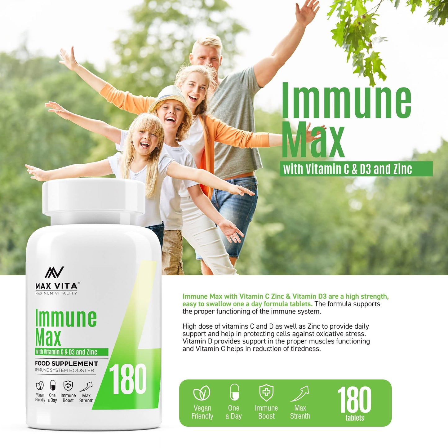 MAX VITA MAXIMUM VITALITY Vitamin C with Zinc 15mg & Vitamin D3 2000IU Multivitamin for Men & Women Immune Booster Strong Bones Teeth - 180 Vegan & Vegetarian Tablets Made in The UK
