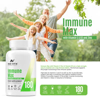 MAX VITA MAXIMUM VITALITY Vitamin C with Zinc 15mg & Vitamin D3 2000IU Multivitamin for Men & Women Immune Booster Strong Bones Teeth - 180 Vegan & Vegetarian Tablets Made in The UK