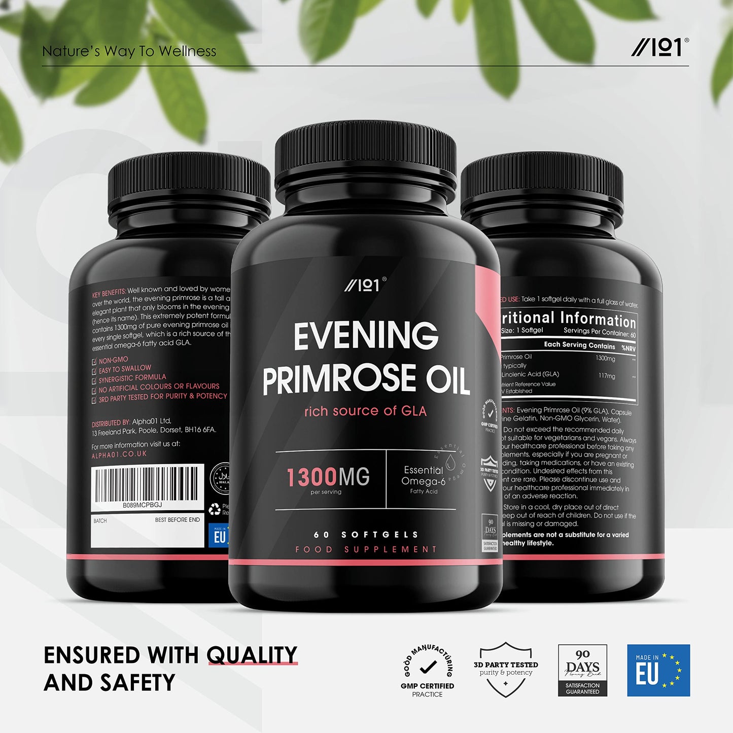 ALPHA01 Evening Primrose Oil 1300mg | 60 Capsules | Cold-Pressed Rich Source of Omega 6 | 117mg GLA | Non-GMO, Gluten Free Supplement | No Artificial Preservatives | by Alpha01