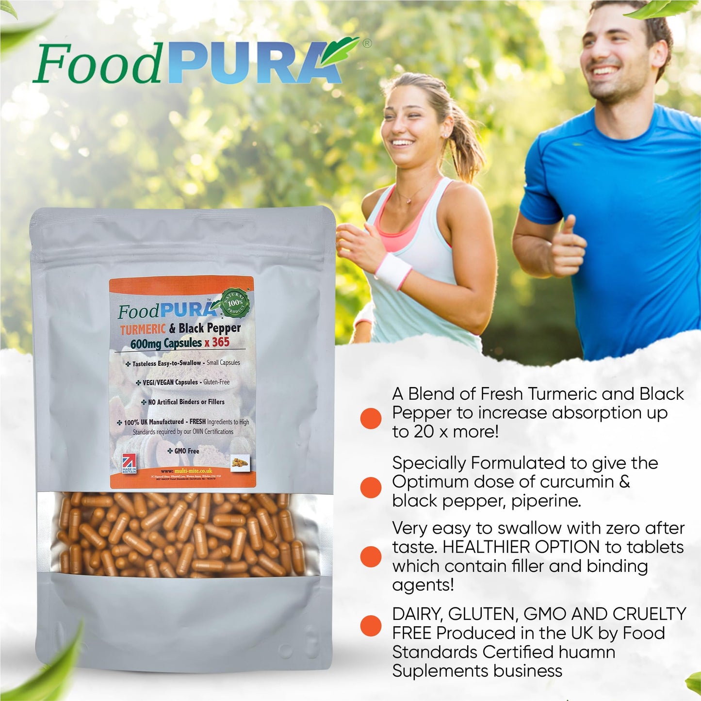 FoodPURA Turmeric with Black Pepper Capsules High Strength 600mg HACCP Certified, Manufactured in The UK by FoodPURA 1 Pack of 365 Capsules