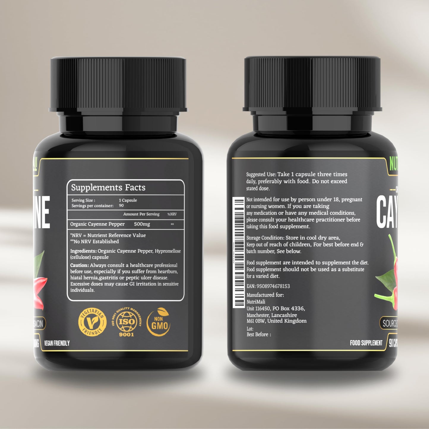 NutriMali Cayenne Pepper Organic - 90 Vegan Capsules | High Strength Up to 1500mg | Natural Herbal Supplement | Zero Fillers 100% Natural & Eco Friendly Packaging