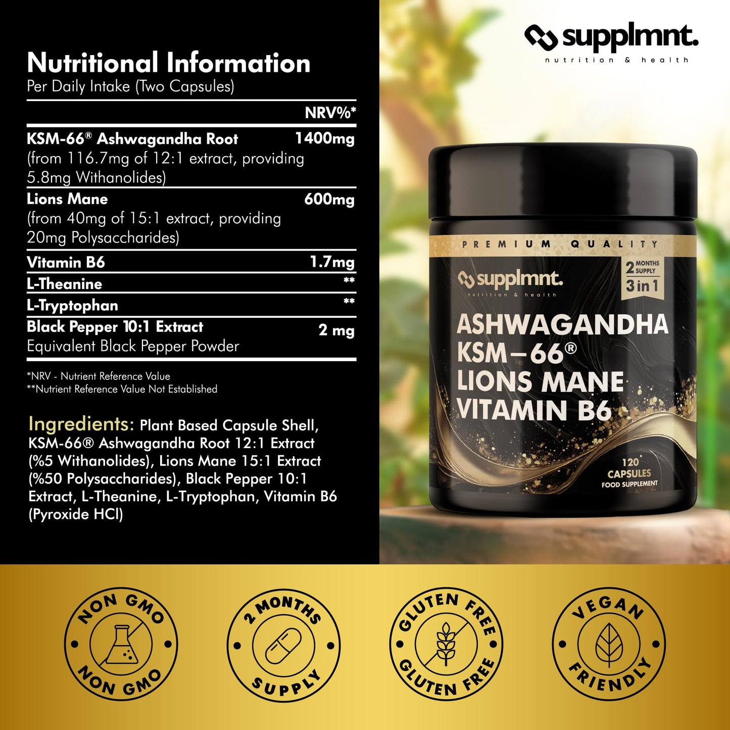 supplmnt. Ashwagandha KSM-66, Lions Mane & Vitamin B6 Capsules - High Strength 2000mg KSM-66 Ashwaghandha Root Extract & Lions Mane Mushroom with Vitamin B6 2-120 Vegan Capsules with Black Pepper - 2 Months