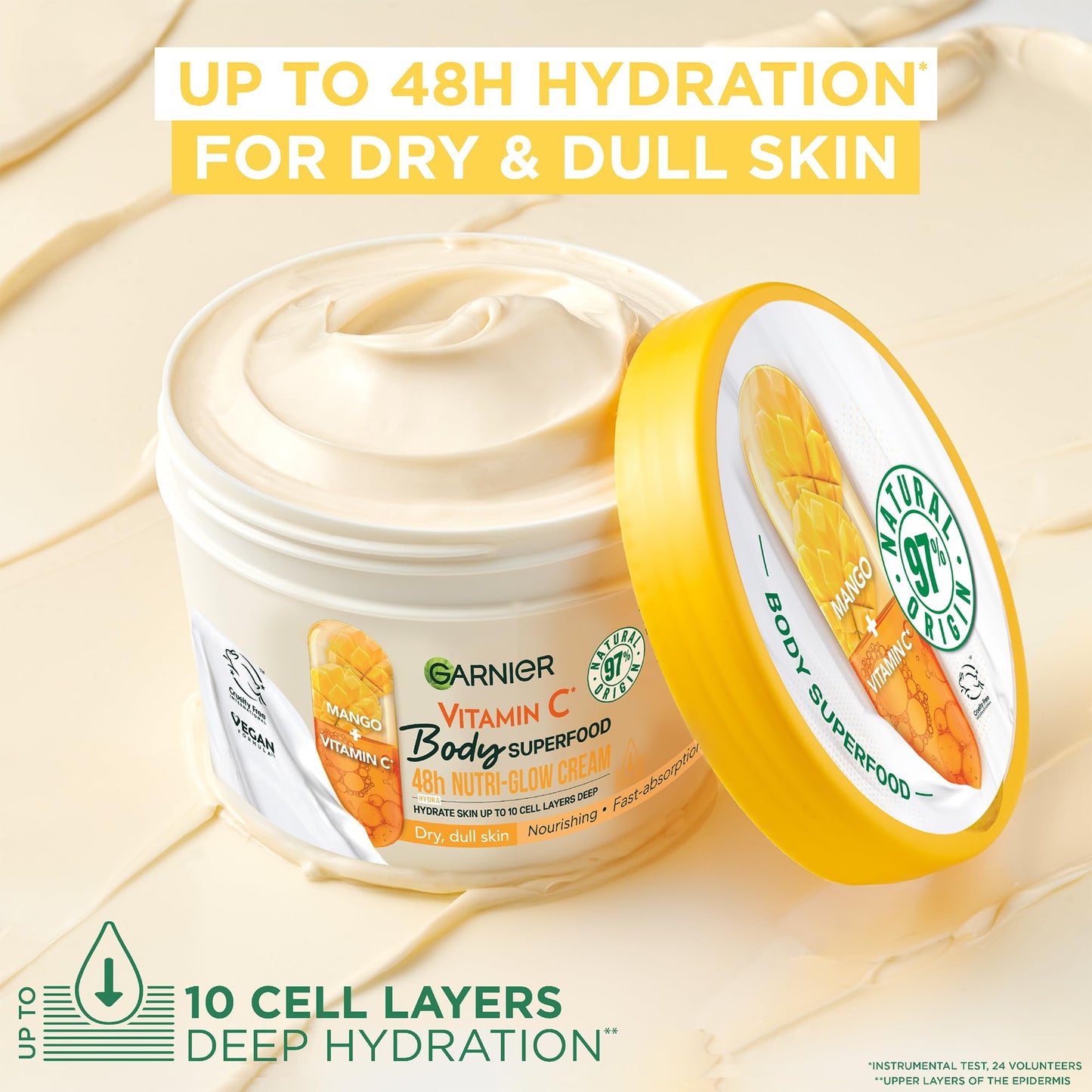 Garnier Body Superfood, Nutri Glow Body Cream, Vitamin C & Mango, for Dry & Dull Skin, Brightening & Glowing, Nourishing & Fast Absorbing, Vegan Formula, Approved by Cruelty Free International, 300ml