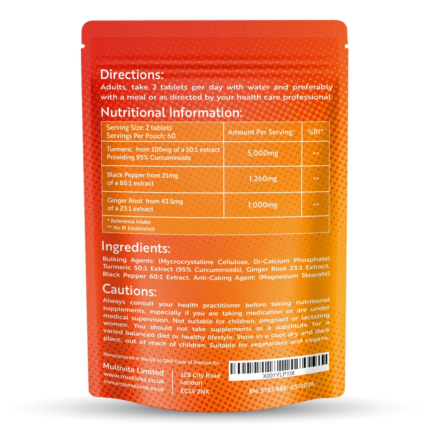 Multivita Turmeric Curcumin Tablets 7,260mg Per Serving - 95% Curcuminoids 2 Months Supply - with Ginger & Active Curcumin including Black Pepper to Aid Absorption - High Strength Tumeric Supplement - Vegan UK