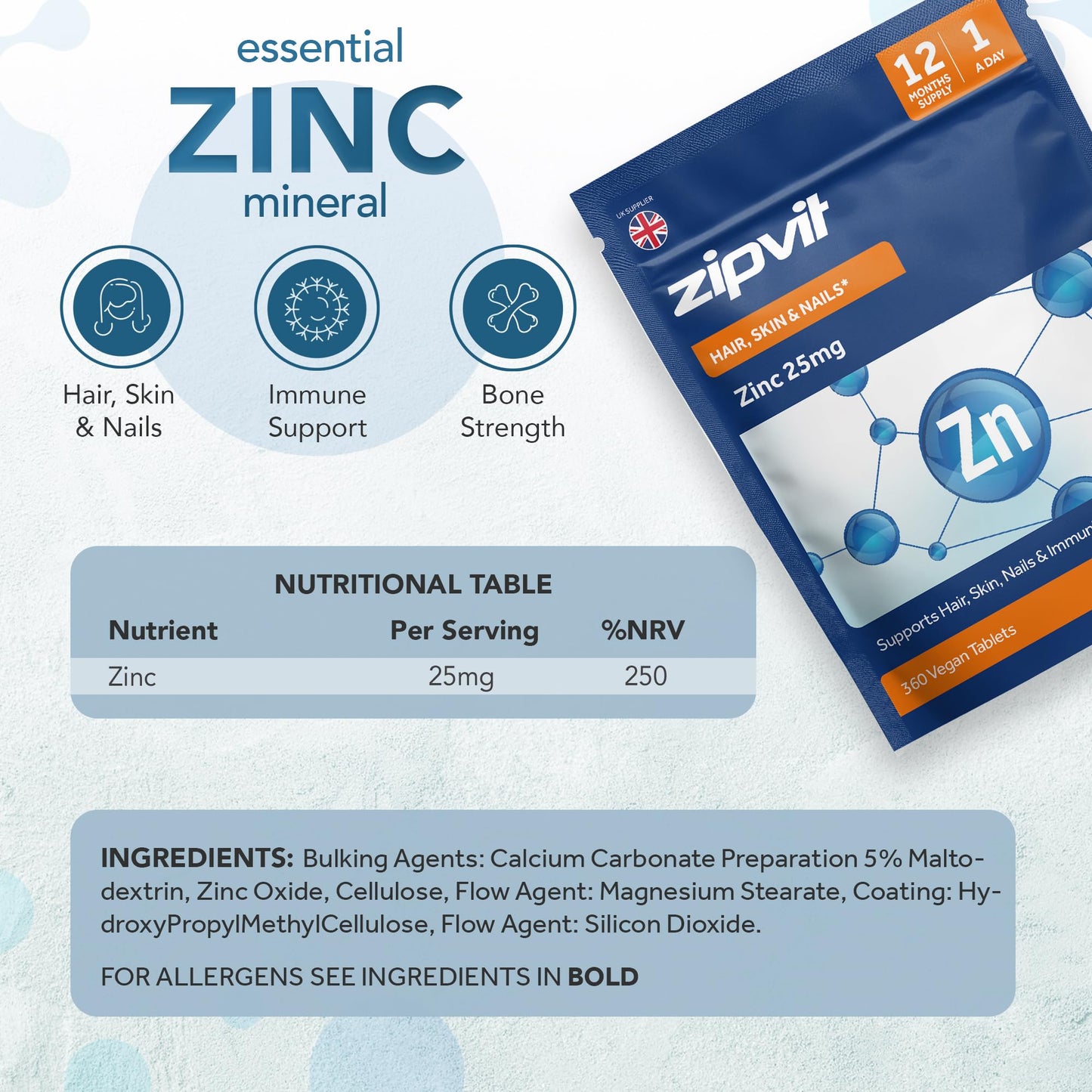 Zipvit Zinc 25mg Pouch, 12 Months Supply, Recommended Dose Zinc Supplement, Supports Hair, Skin, Nails, Bones & Vision, Promotes Immunity, Fertility & Reproduction for Men & Women, 360 Vegan Tablets