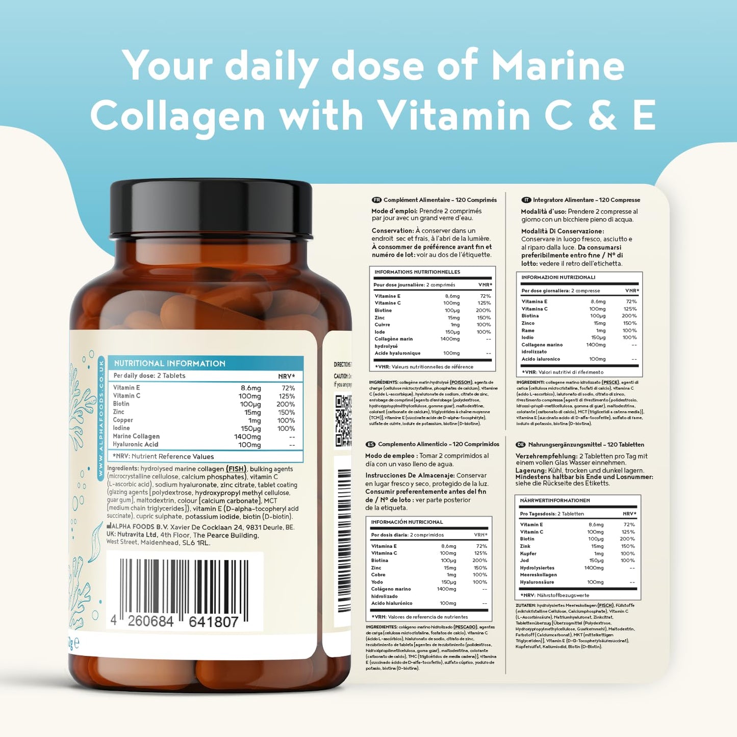 Marine Collagen Tablets 1400mg | with Hyaluronic Acid, Vitamin C, E, Zinc & Biotin | High Strength Hydrolysed Collagen Supplements for Women and Men | 120 Tablets | Skin, Joints & Hair | Alpha Foods