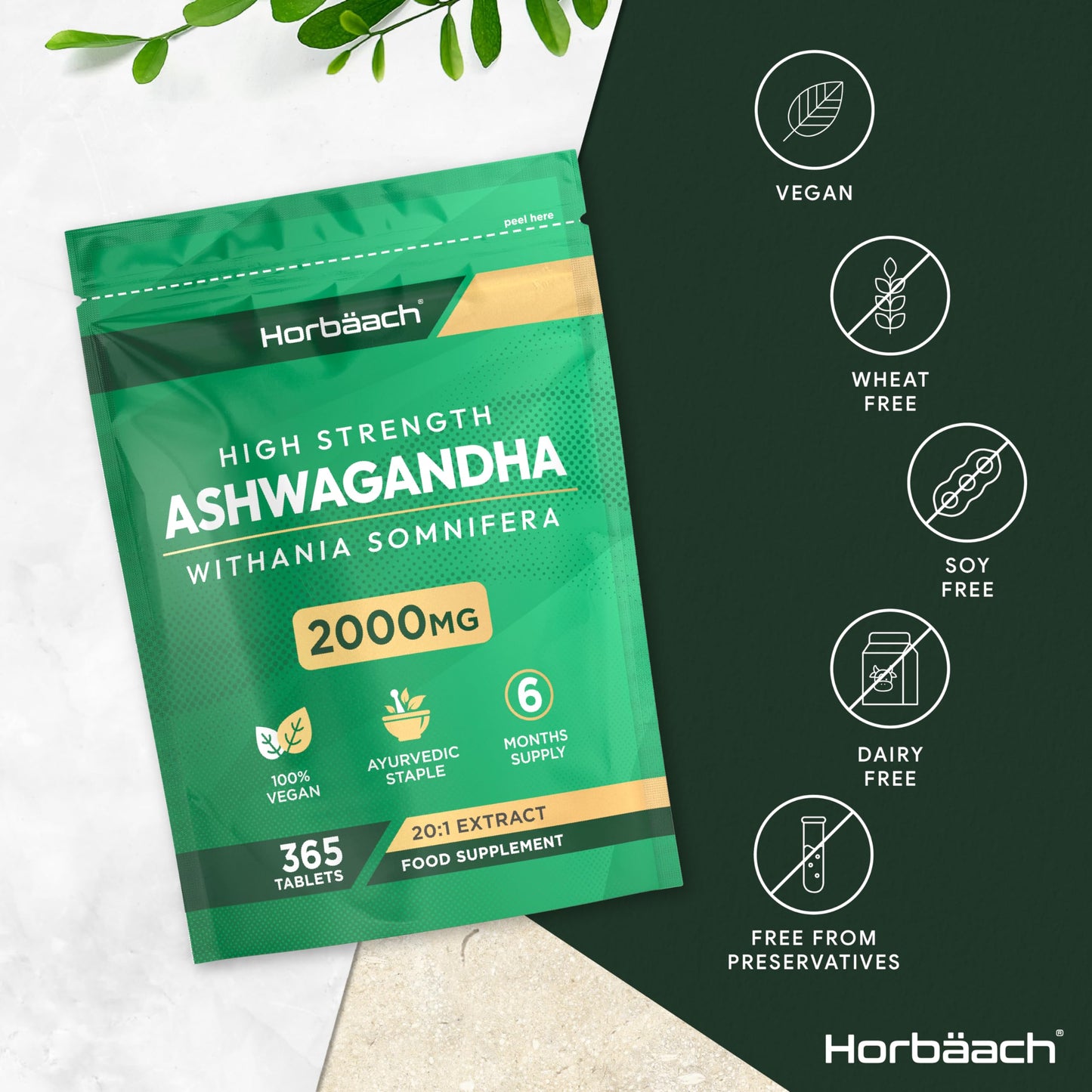 Ashwagandha Tablets | High Strength 2000mg Ashwagandha Root | Suitable for Men & Women | 365 Vegan Tablets | by Horbaach