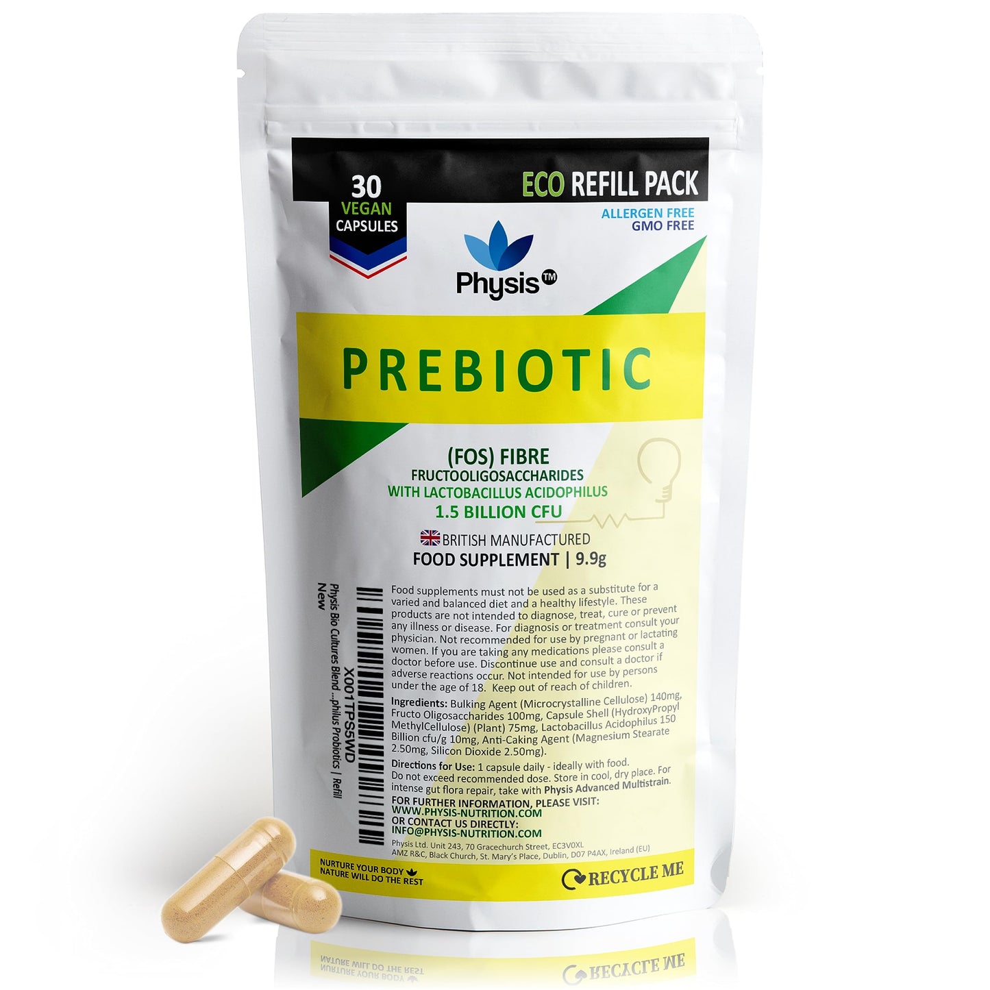 Physis Bio Cultures Blend Prebiotics | 30 Capsules | Pre and Probiotics for Gut Health | Bio Cultures Complex for Improved Digestion | Concentrated Lactobacillus Acidophilus Probiotics | Refill