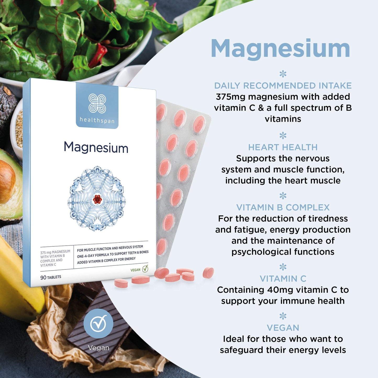 Healthspan Magnesium 375mg (90 Tablets) | Added Vitamin C & Vitamin B Complex | Promotes Immune Health | Support Your Bones, Teeth, Muscles & Nervous System | Vegan