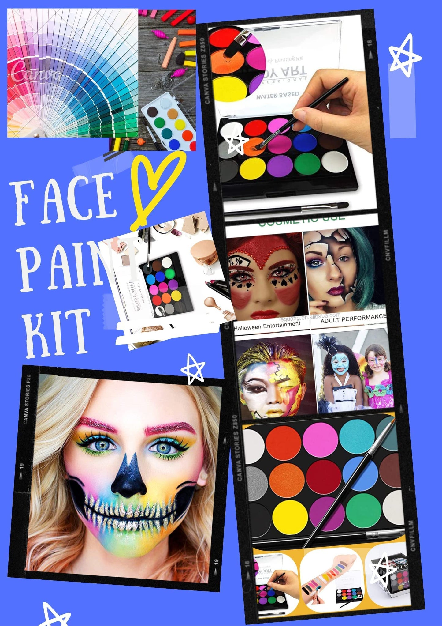 Generic Face Paint Kit for Kids 15 colour Professional with 18 stencils and 2 brushers, 2-4 years ,4-14 an adults