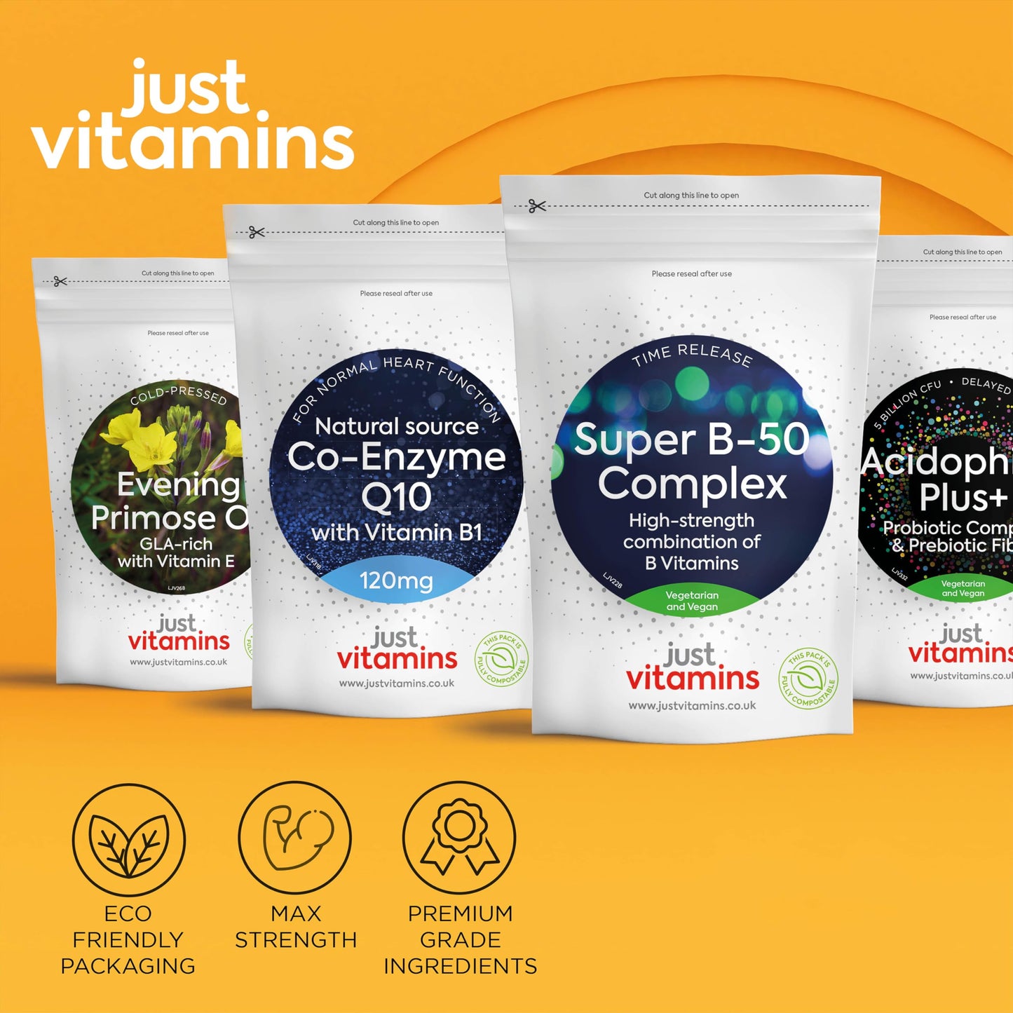 Just Vitamins Super Vitamin B-50 Complex | x90 High Strength Tablets Containing All 8 B Vitamins - VIT B1 Thiamine, B2, B3 Niacin, B5, B6, B7 Biotin, Inositol, B9 Folic Acid & B12. UK Made from Non Yeast Source
