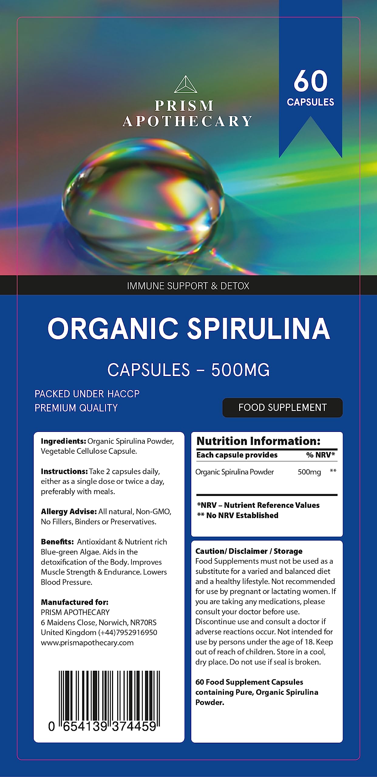 Generic Organic Spirulina 500mg โ 60 Natural Vegan Capsules