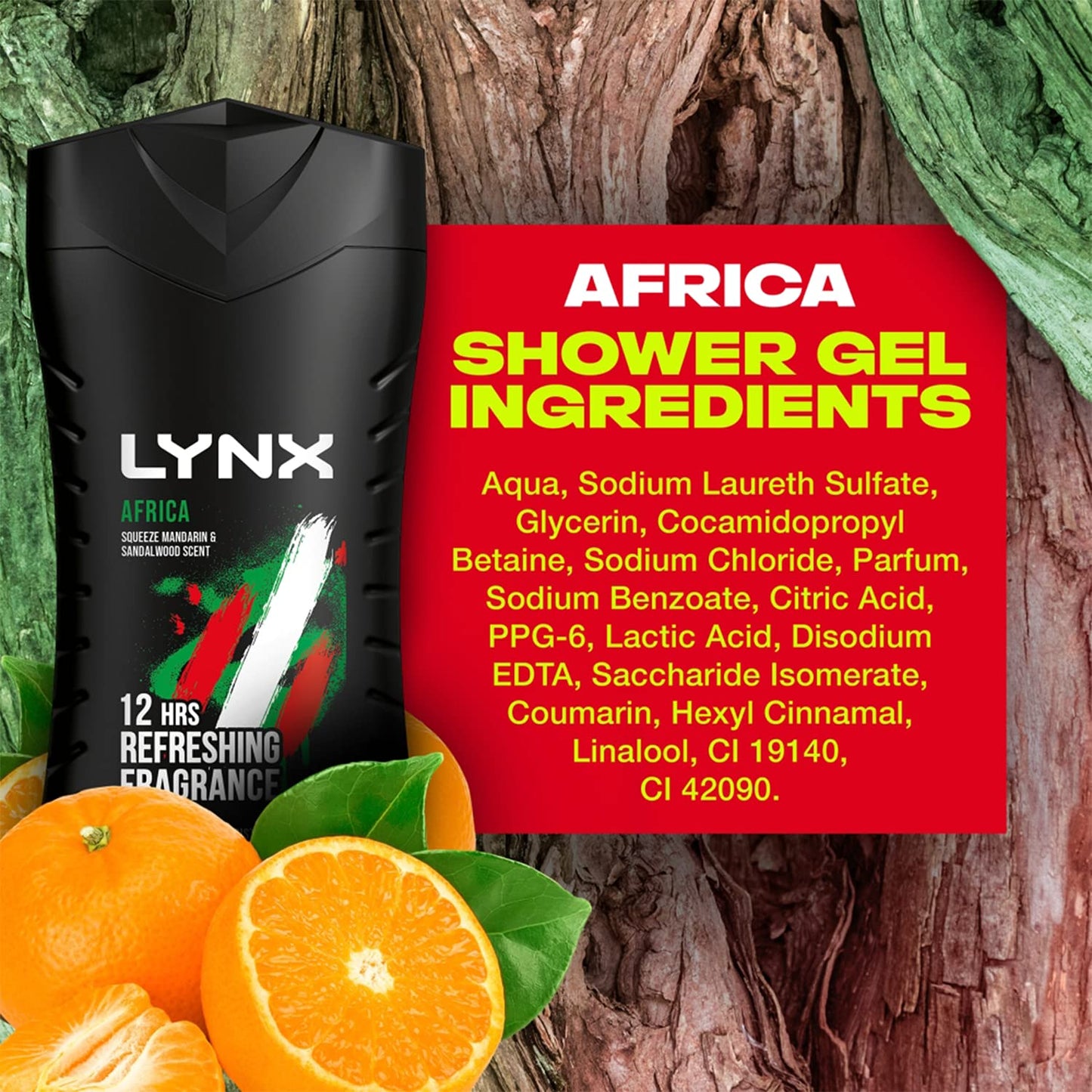 2x Lynx 12hr Refreshing Africa Squeezed Mandarin & Sandalwood Bodywash, 225ml