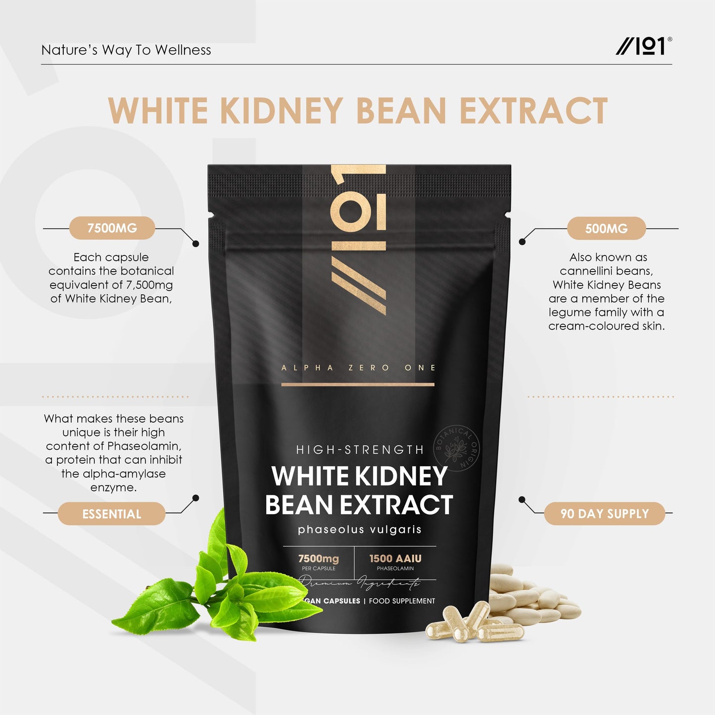 ALPHA01 White Kidney Bean Extract 7500mg – High Strength 1,500 AAIU Phaseolamin – 90 Vegan Capsules – Resealable and Recyclable Pouch – 3 Months Supply – by Alpha01