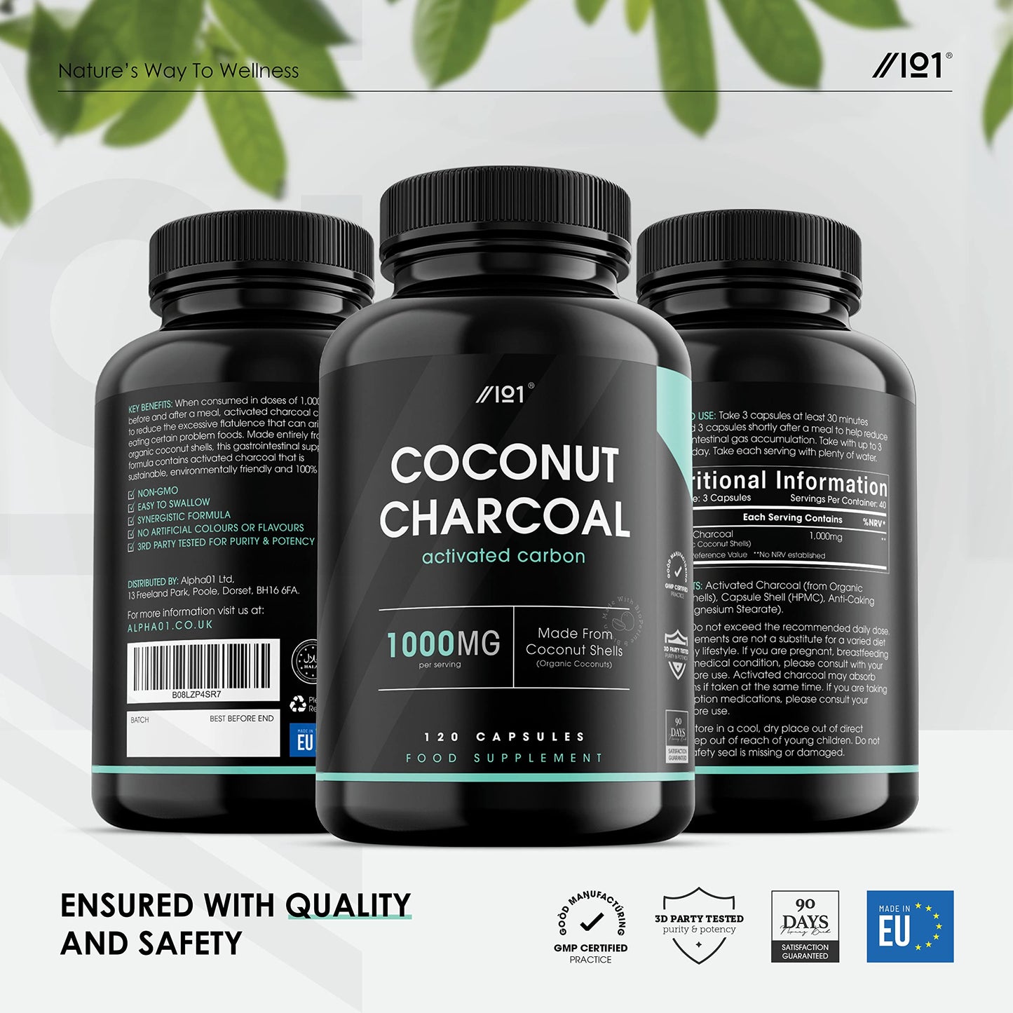 ALPHA01 Activated Coconut Charcoal 1000mg | Made from Thai Coconut Shells | for Bloating & Gas, Digestion & Flatulence Natural Relief | Vegan & Keto Friendly Supplement | 120 Capsules