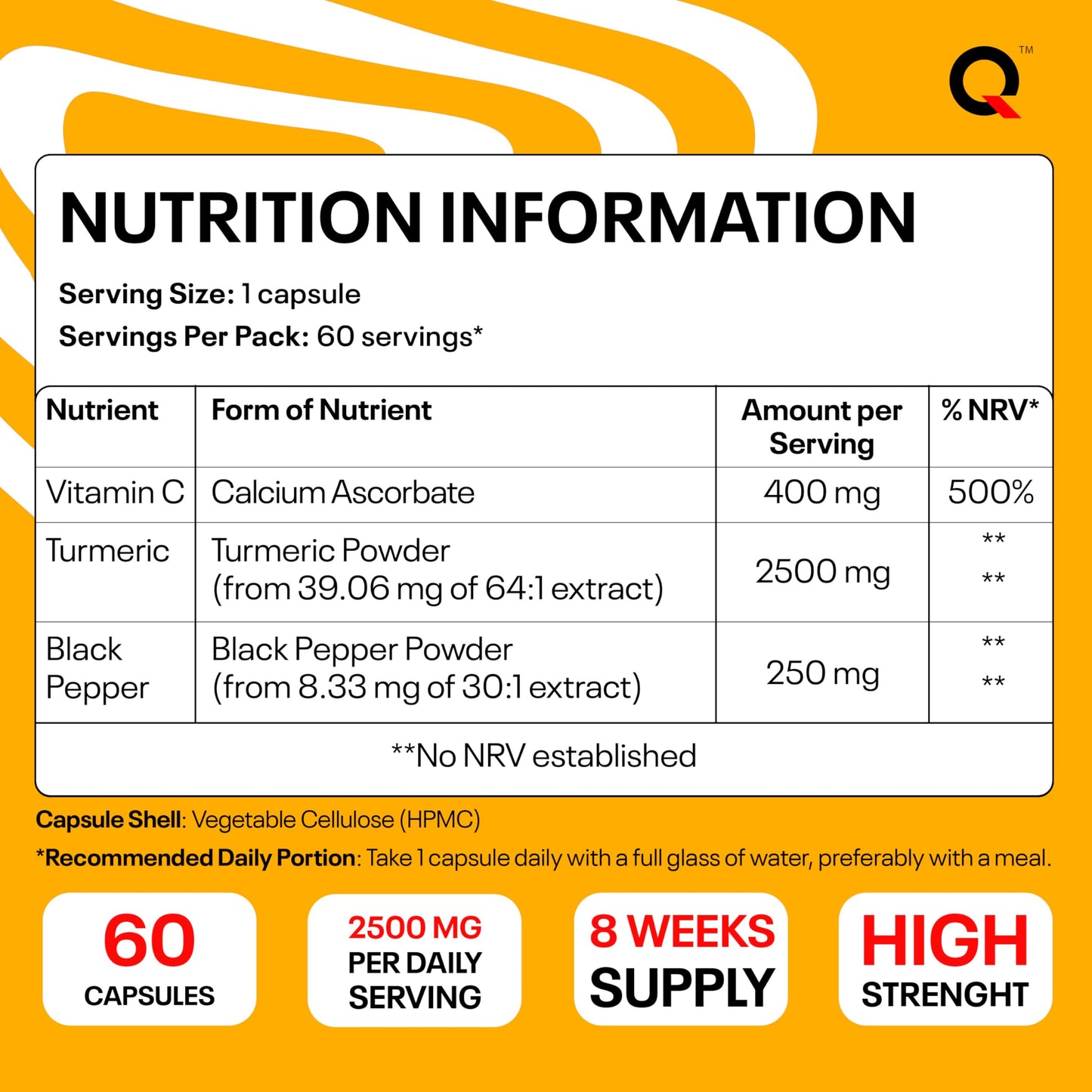 VITRIQ Turmeric 2500mg Per 1 Capsule + Black Pepper 250mg + Vitamin C 400mg, 60 Capsules - One-a-Day, High Strength Turmeric with Black Pepper Capsules, Curcrumin Immune Support Complex Made in the UK