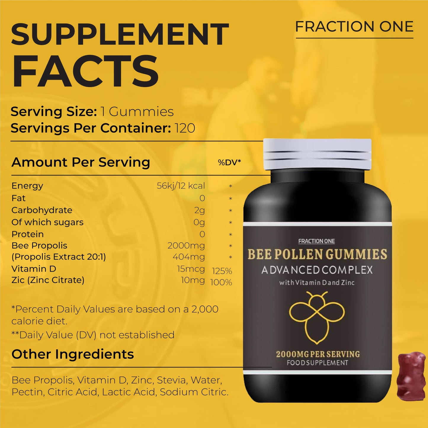 Fraction One Bee Pollen Gummies - 120 Gummies - 4 months Supply - 2000mg Bee Propolis with 100% NRV Vitamin D & Zinc per serving - Immune Boosting - Digestive Aid - Anti-inflammatory - Antiviral & Antibacterial