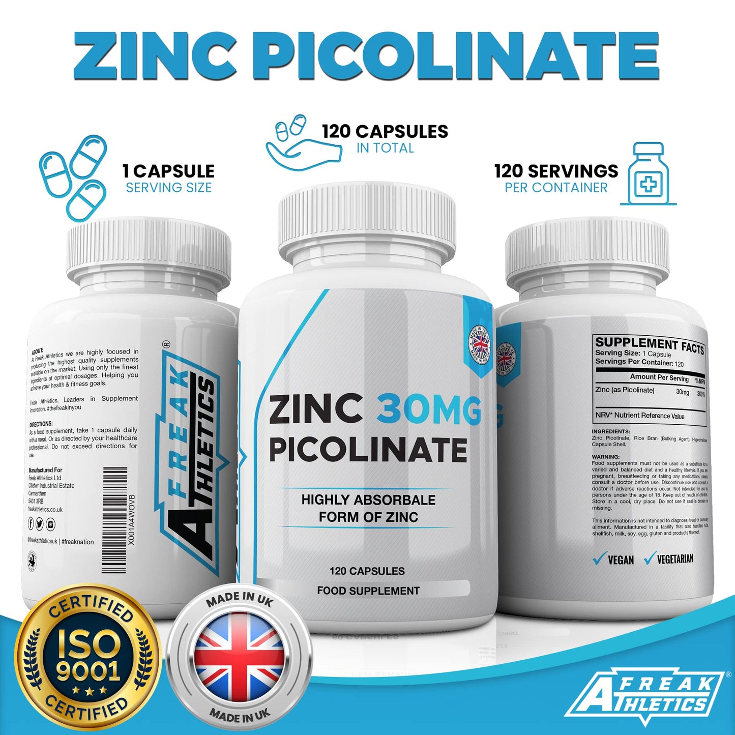Zinc 30mg as Picolinate 120 Capsules Made in The UK by Freak Athletics