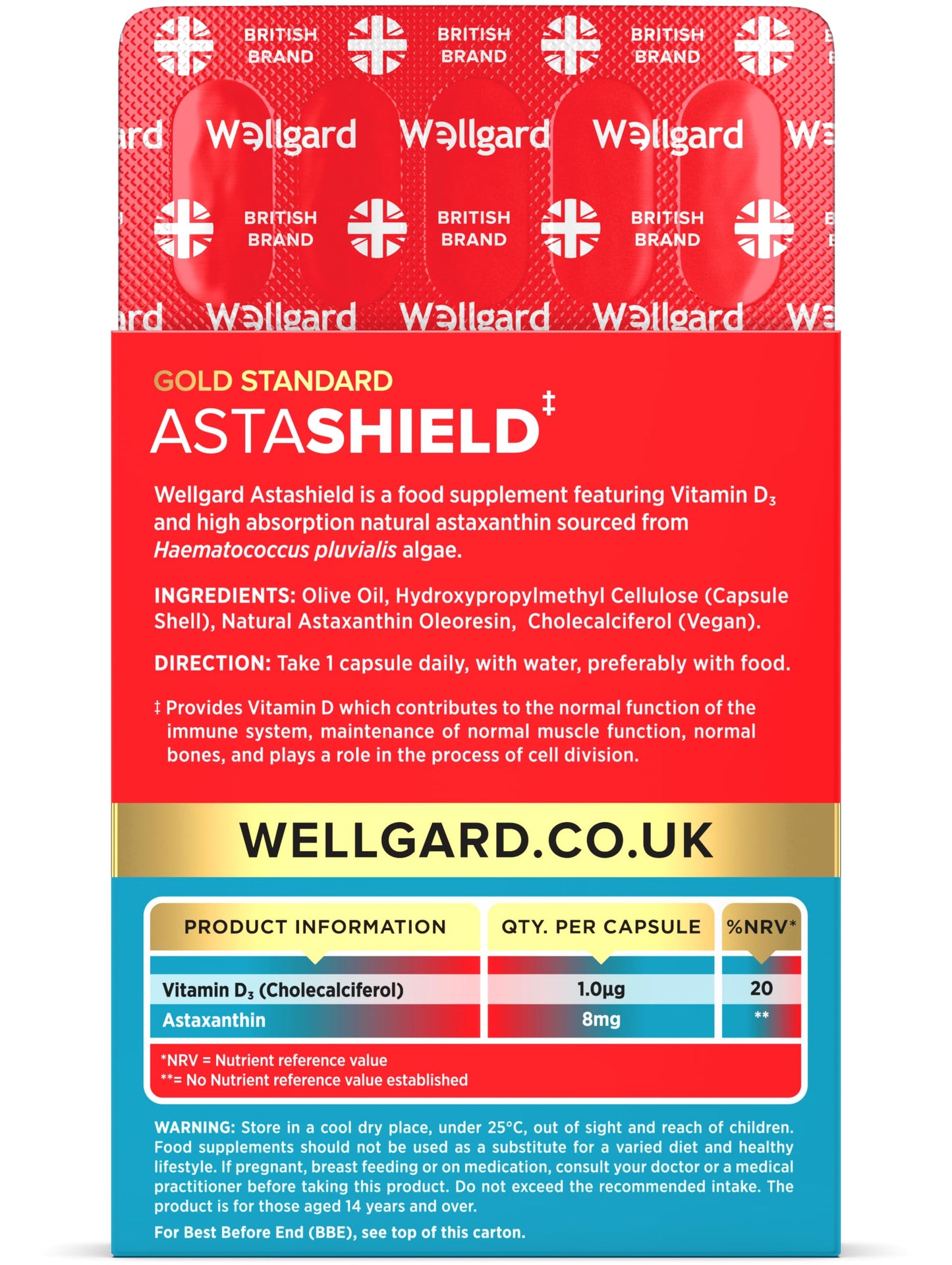 Wellgard Astashield – Highly Bioavailable 8mg Natural Astaxanthin with Vitamin D3