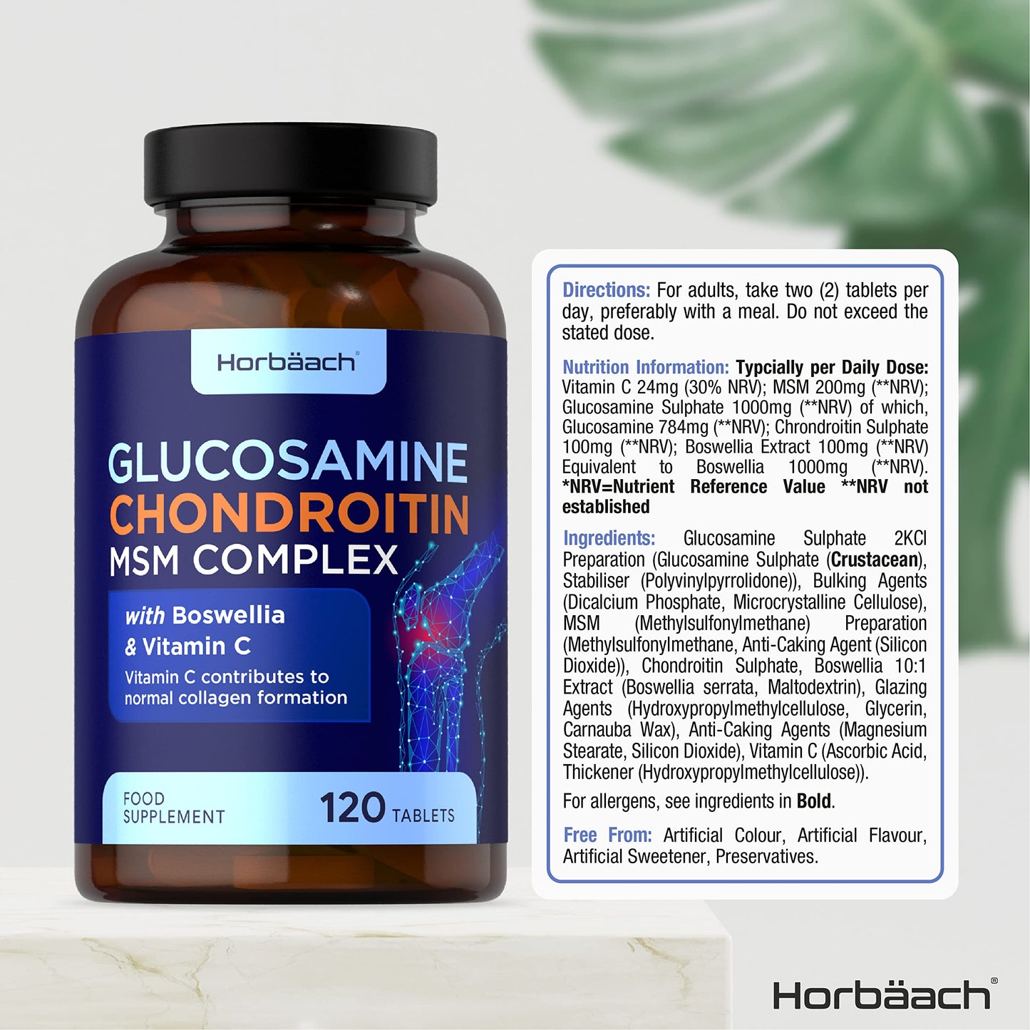 Glucosamine and Chondroitin MSM Complex | 120 Tablets | High Strength Supplement with Boswellia and Vitamin C | for Collagen Formulation | by Horbaach