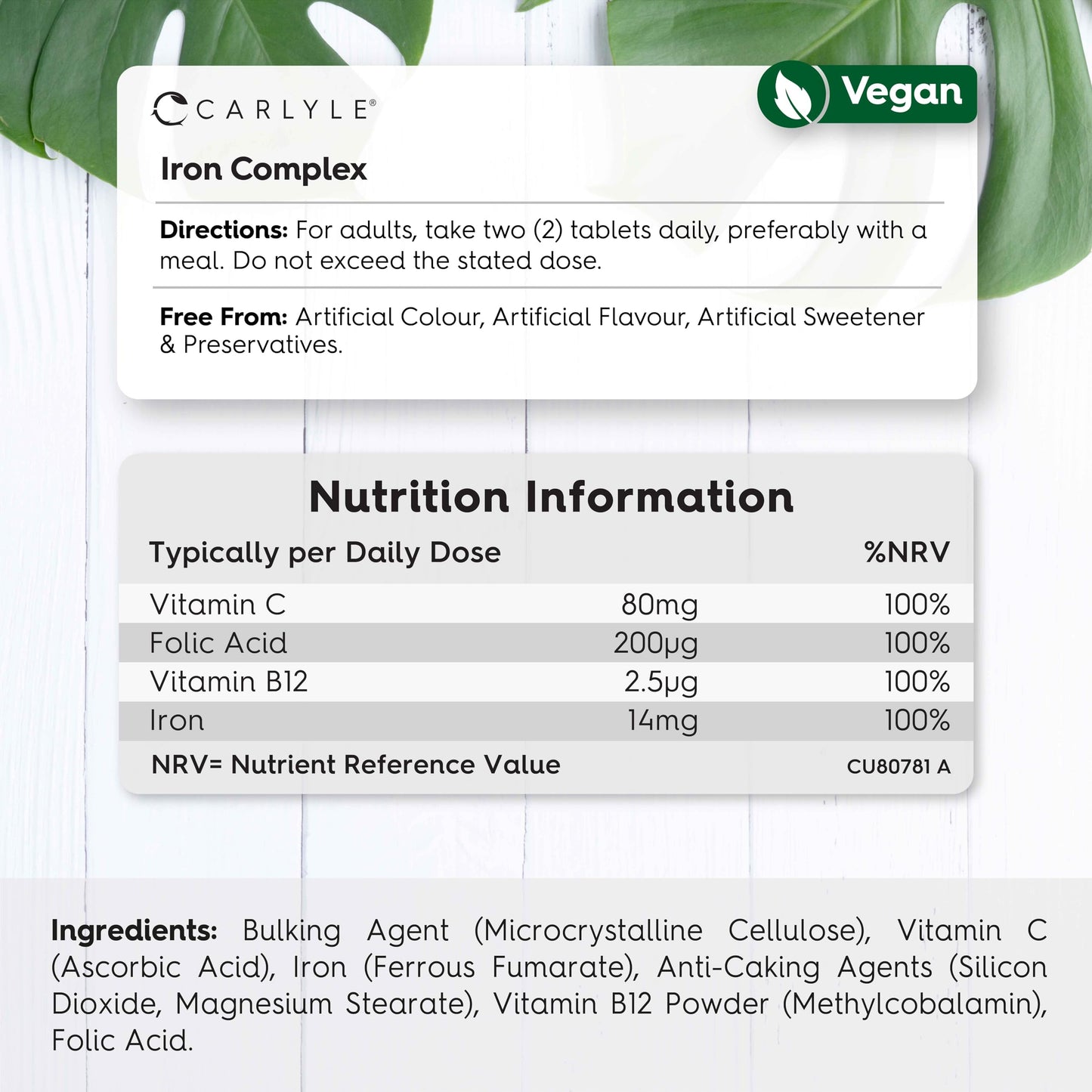 Iron Supplements for Women | with Vitamin B12, Vitamin C and Folic Acid | High Strength 14mg Iron | 90 Vegan Tablets | by Carlyle